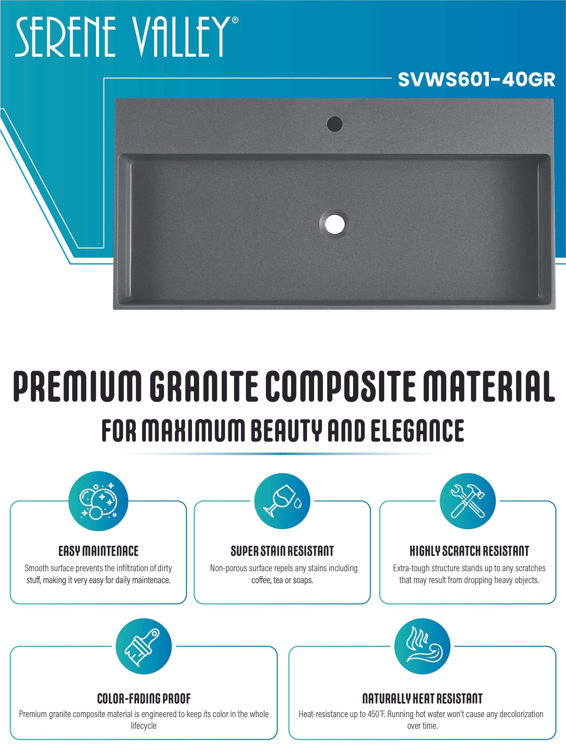 Bathroom sink, Wall-Mount or Countertop Install, 40" Composite Material in Matte Gray with Single Faucet Hole， SVWS601-40GR-Serene Valley