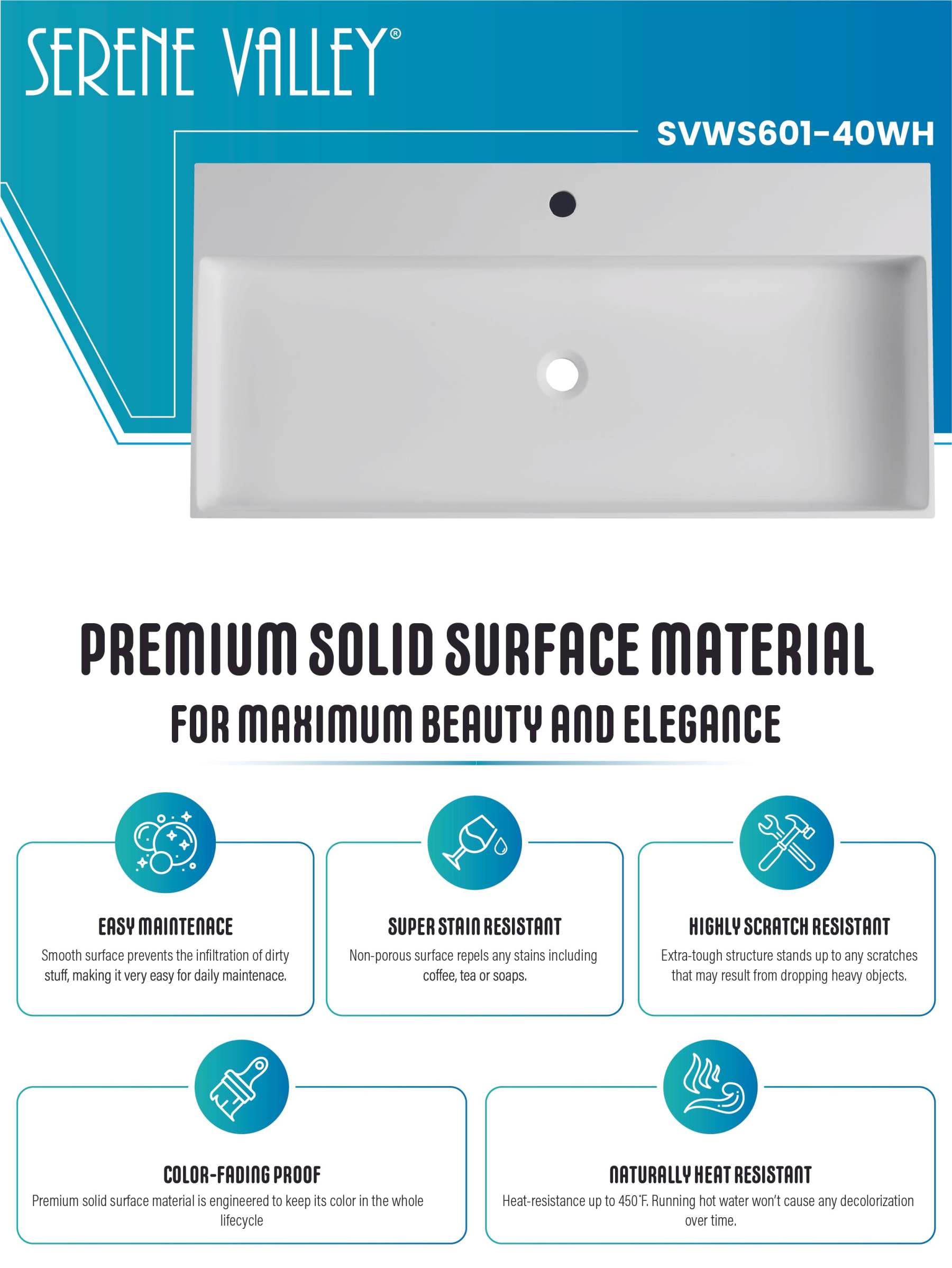 Bathroom sink, Wall-Mount or Countertop Install, 40" Solid Surface in Matte White with Single Faucet Hole， SVWS601-40WH-Serene Valley