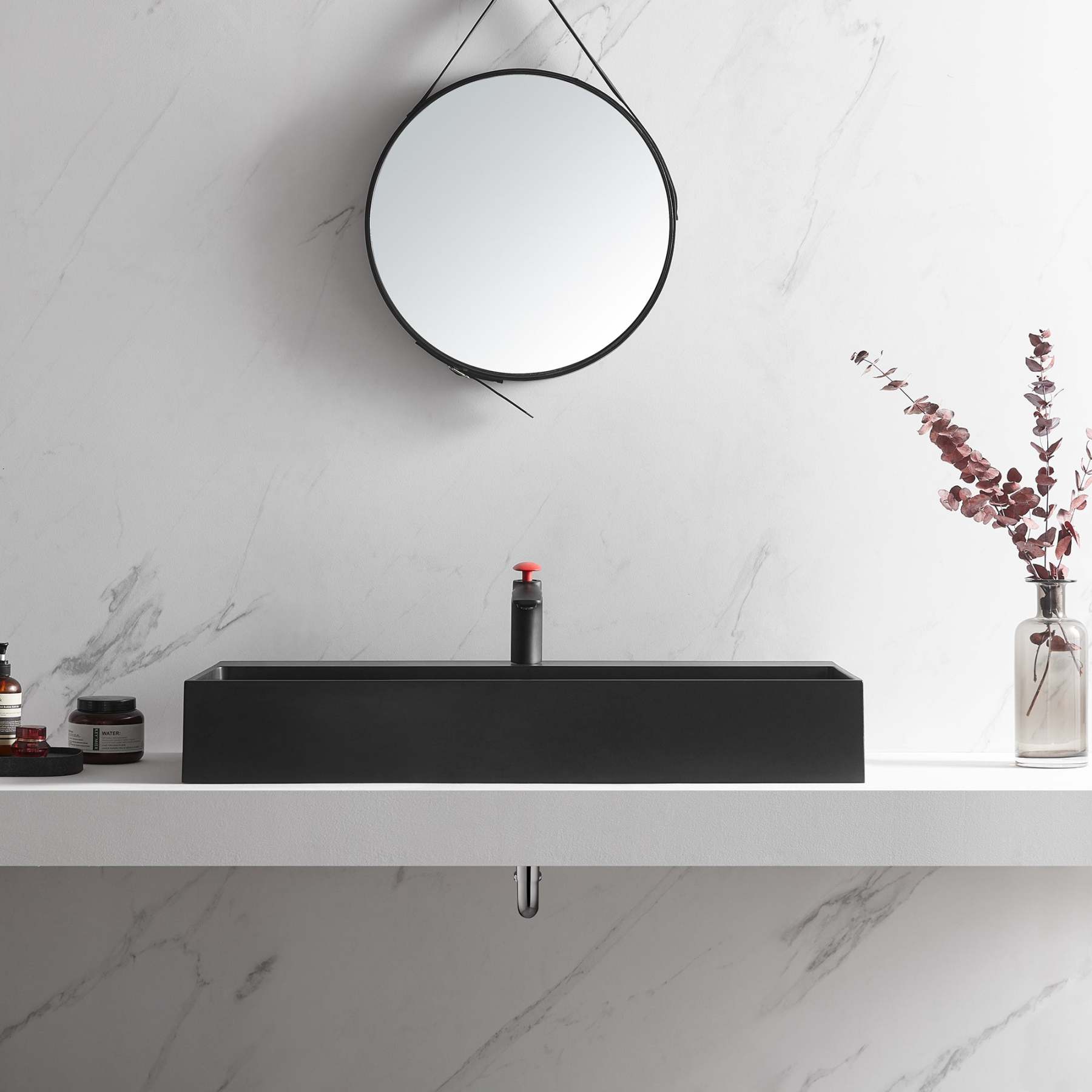 Bathroom sink, Wall-Mount or Countertop Install, 40" Composite Material in Matte Black with Single Faucet Hole， SVWS601-40BK-Serene Valley