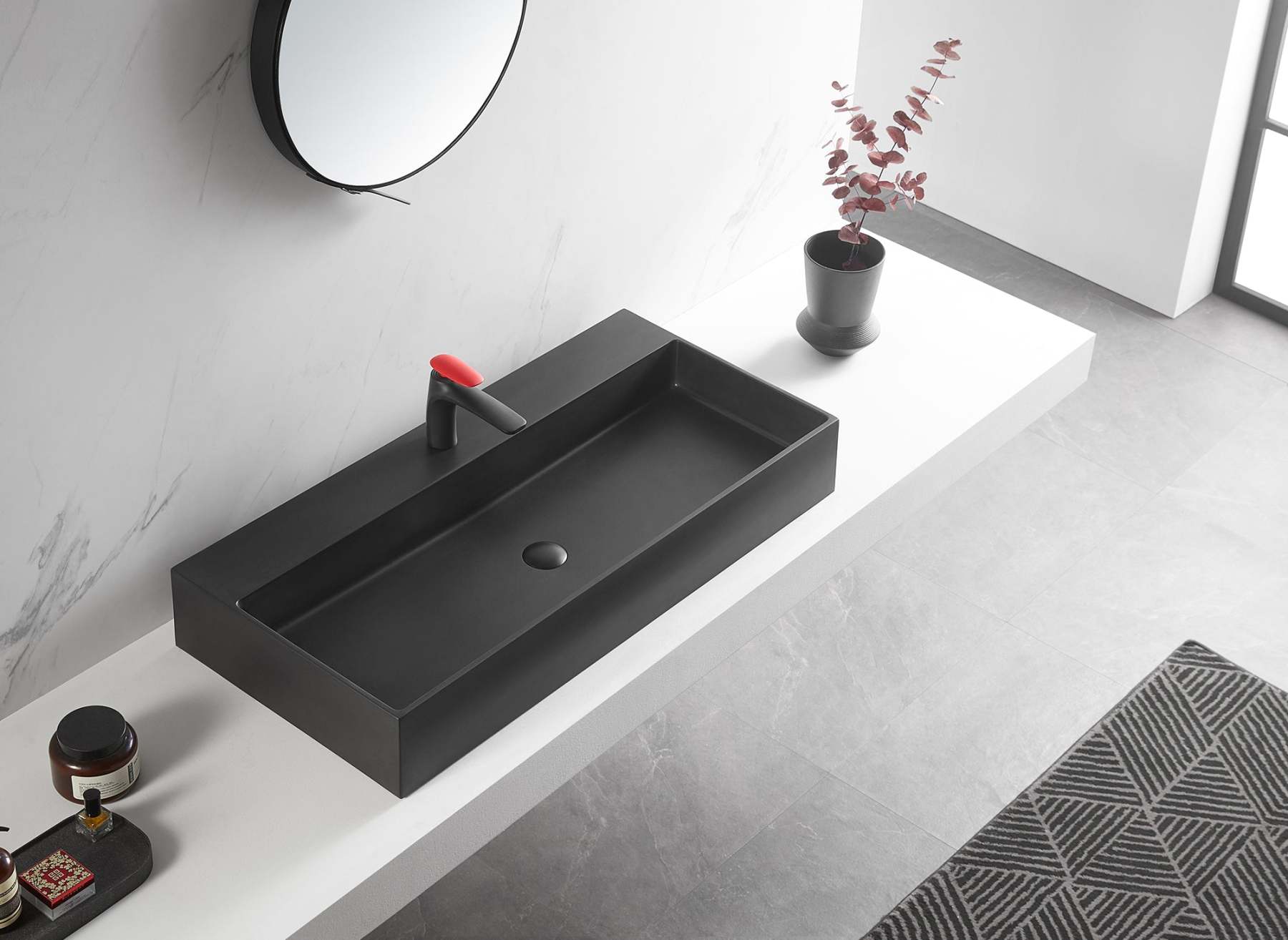 Bathroom sink, Wall-Mount or Countertop Install, 40" Composite Material in Matte Black with Single Faucet Hole， SVWS601-40BK-Serene Valley