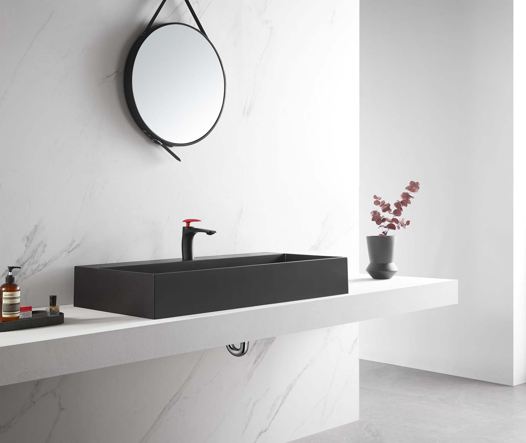 Bathroom sink, Wall-Mount or Countertop Install, 40" Composite Material in Matte Black with Single Faucet Hole， SVWS601-40BK-Serene Valley