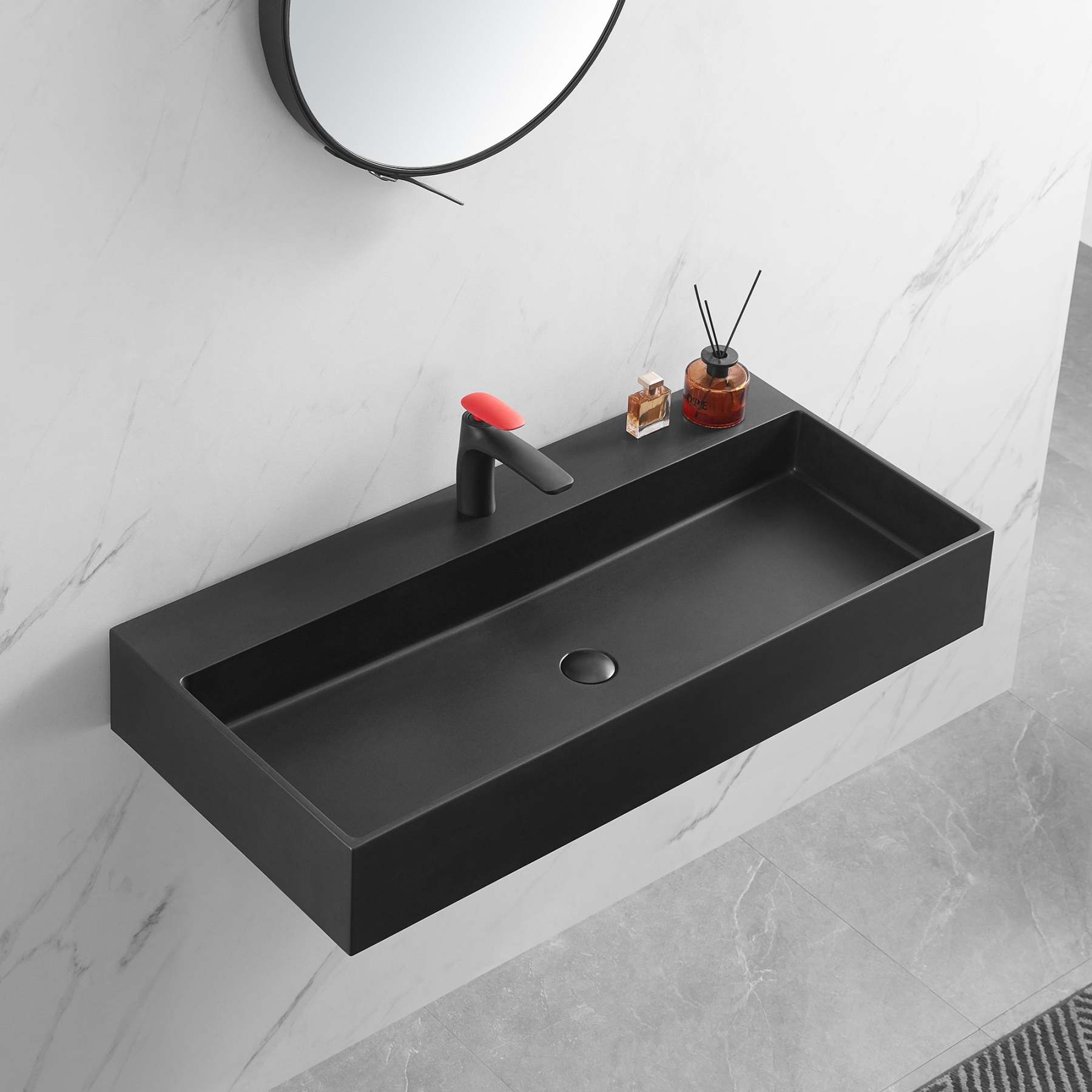 Bathroom sink, Wall-Mount or Countertop Install, 40" Composite Material in Matte Black with Single Faucet Hole， SVWS601-40BK-Serene Valley