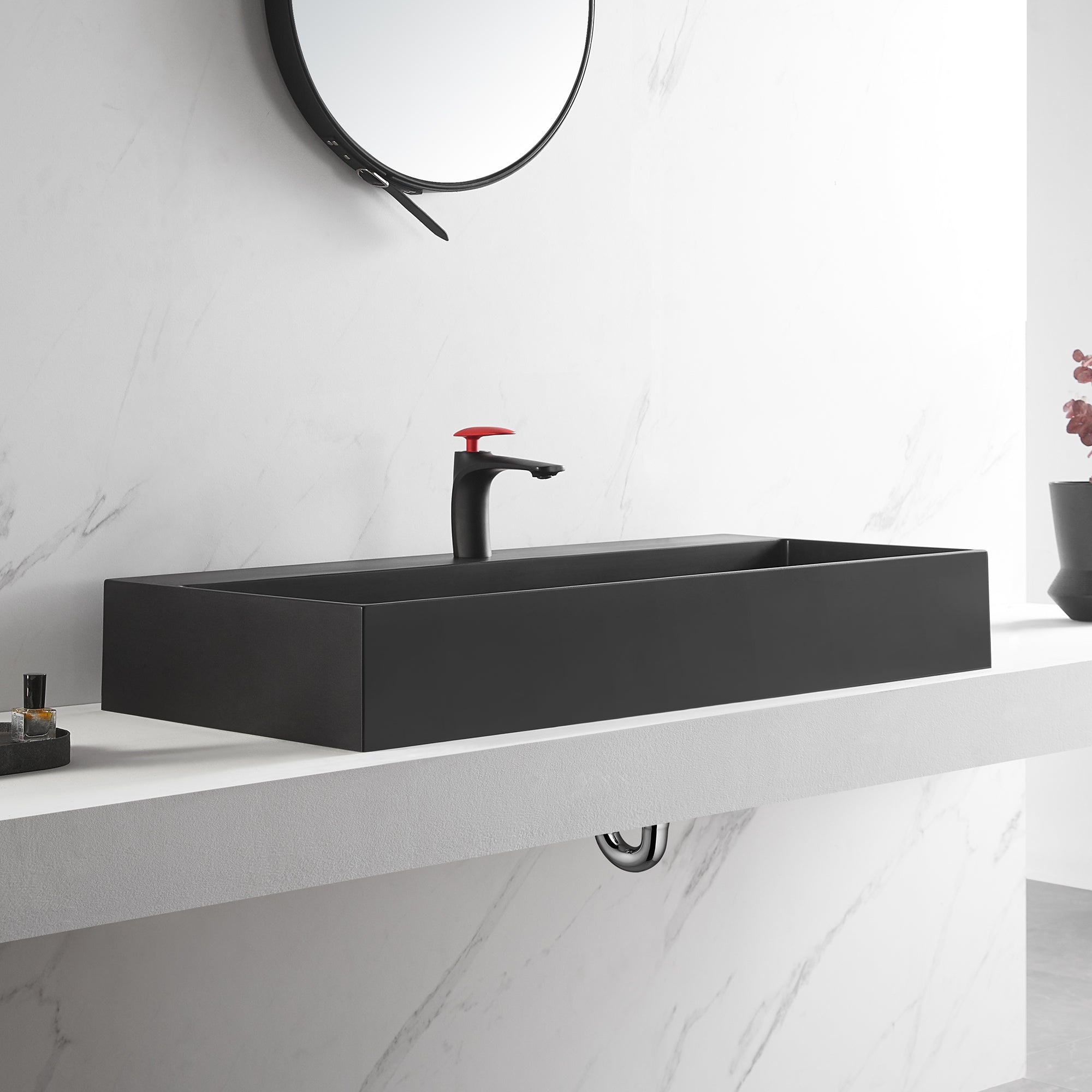 Bathroom sink, Wall-Mount or Countertop Install, 40" Composite Material in Matte Black with Single Faucet Hole， SVWS601-40BK-Serene Valley