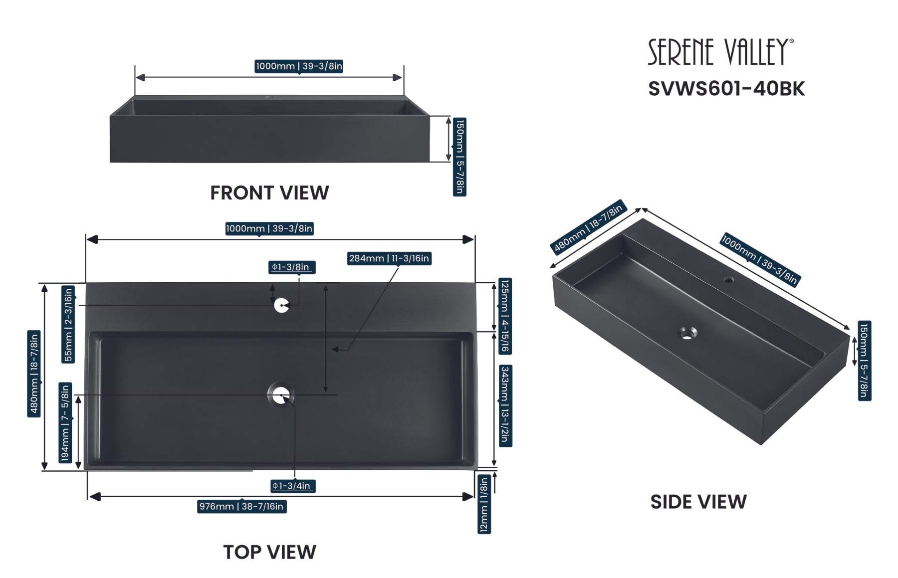 Bathroom sink, Wall-Mount or Countertop Install, 40" Composite Material in Matte Black with Single Faucet Hole， SVWS601-40BK-Serene Valley