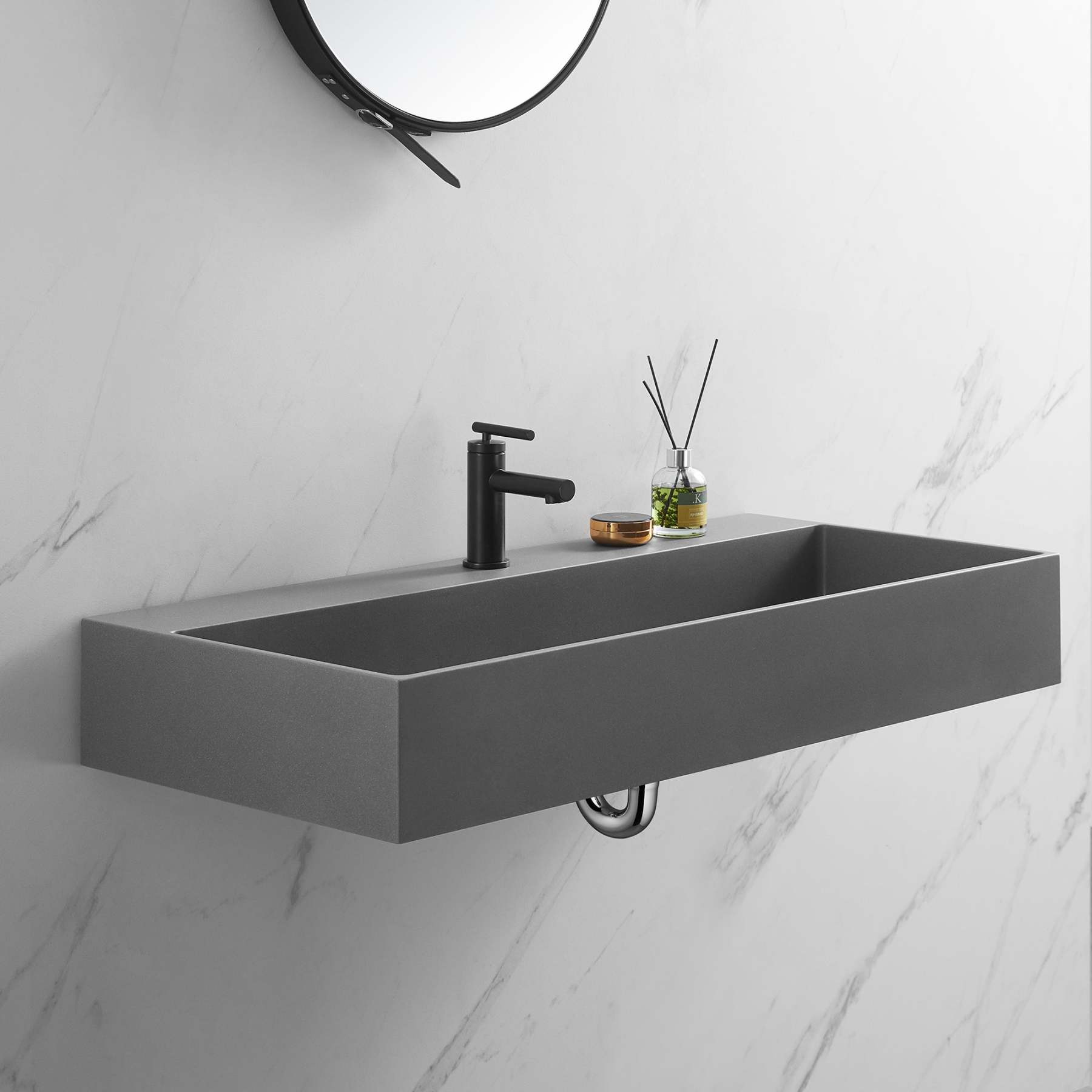 Bathroom sink, Wall-Mount or Countertop Install, 40" Composite Material in Matte Gray with Single Faucet Hole， SVWS601-40GR-Serene Valley