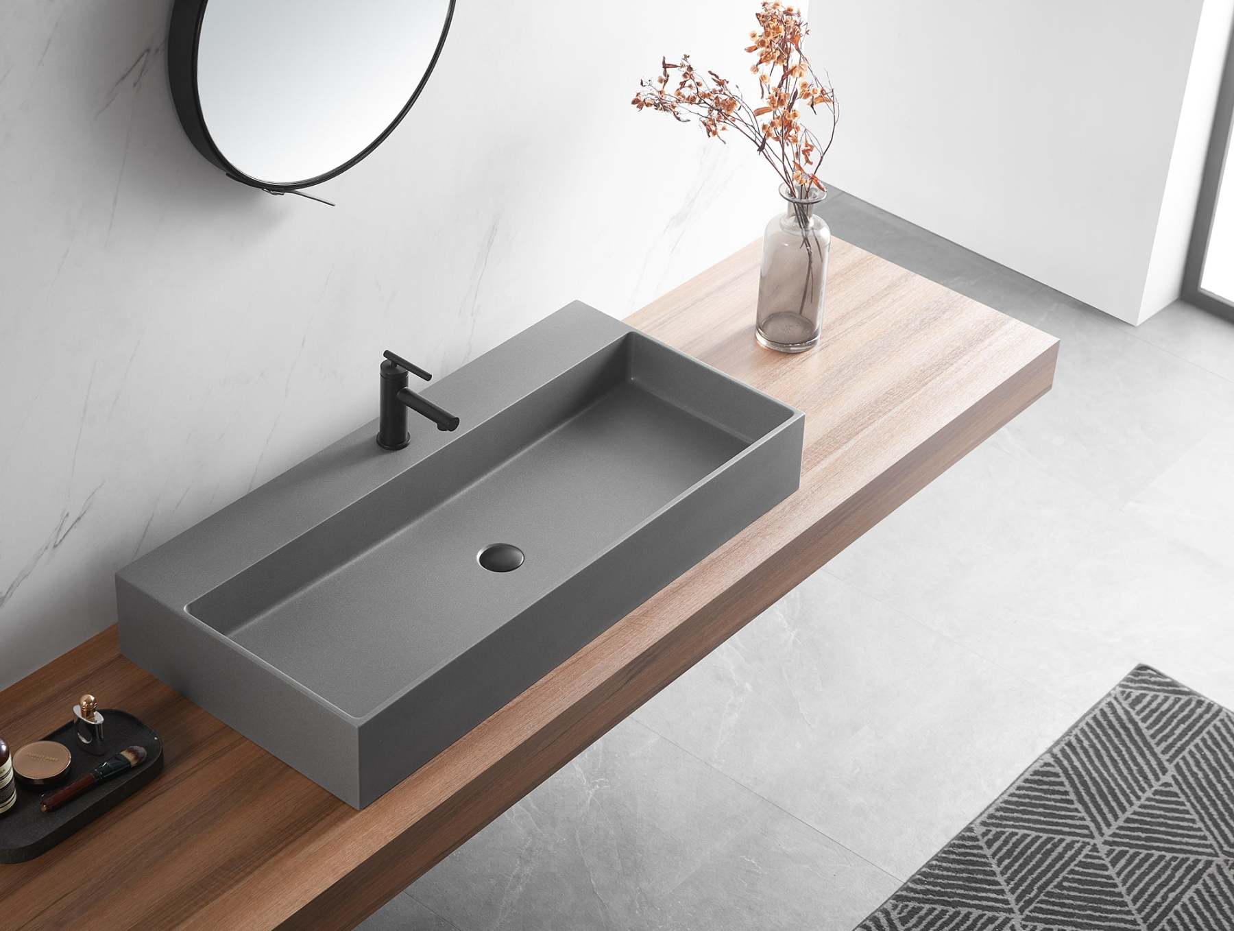 Bathroom sink, Wall-Mount or Countertop Install, 40" Composite Material in Matte Gray with Single Faucet Hole， SVWS601-40GR-Serene Valley