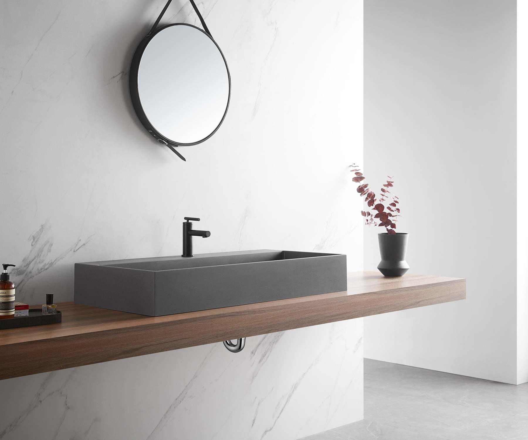 Bathroom sink, Wall-Mount or Countertop Install, 40" Composite Material in Matte Gray with Single Faucet Hole， SVWS601-40GR-Serene Valley