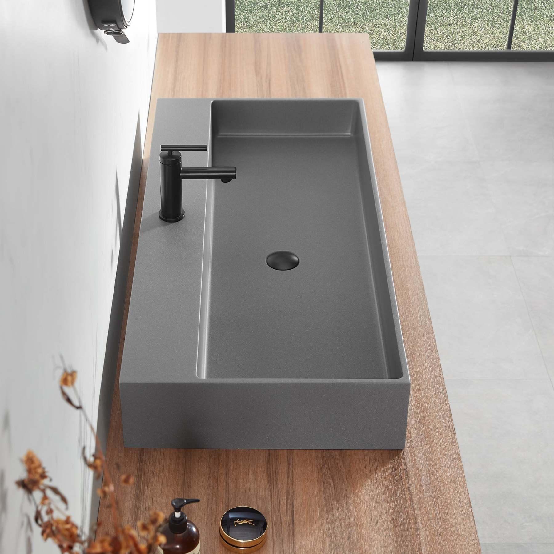 Bathroom sink, Wall-Mount or Countertop Install, 40" Composite Material in Matte Gray with Single Faucet Hole， SVWS601-40GR-Serene Valley