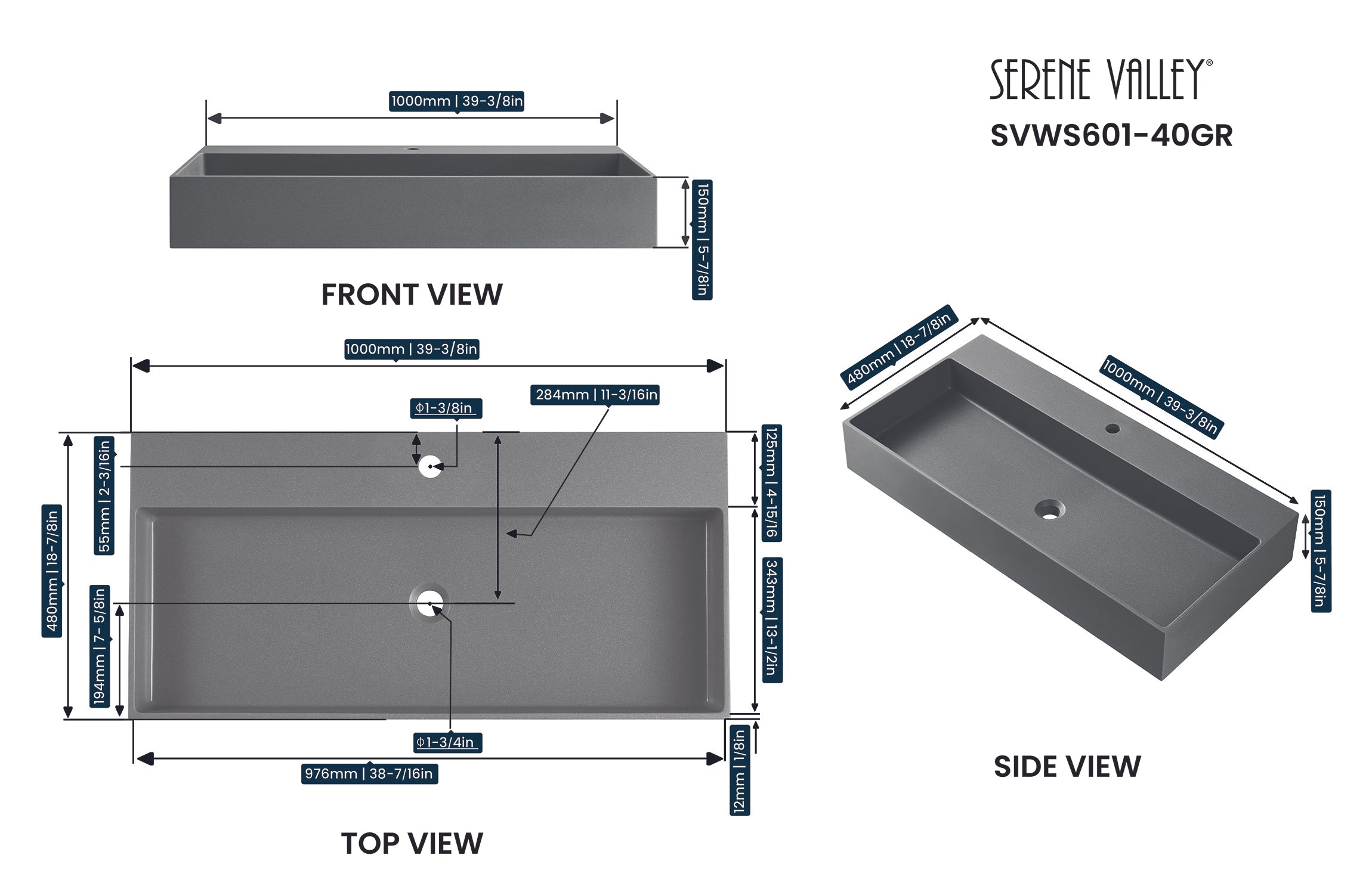 Bathroom sink, Wall-Mount or Countertop Install, 40" Composite Material in Matte Gray with Single Faucet Hole， SVWS601-40GR-Serene Valley