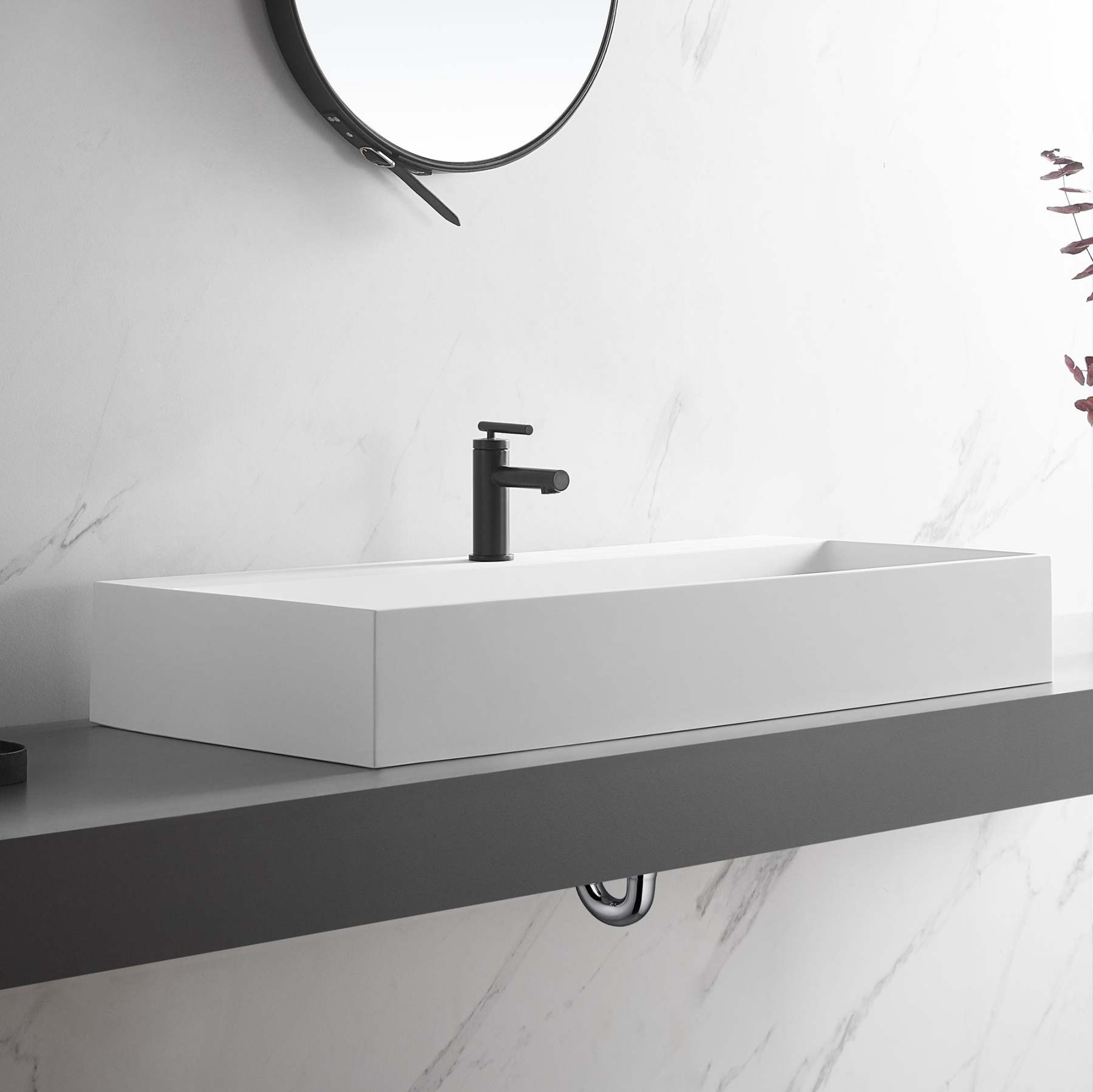 Bathroom sink, Wall-Mount or Countertop Install, 40" Solid Surface in Matte White with Single Faucet Hole， SVWS601-40WH-Serene Valley