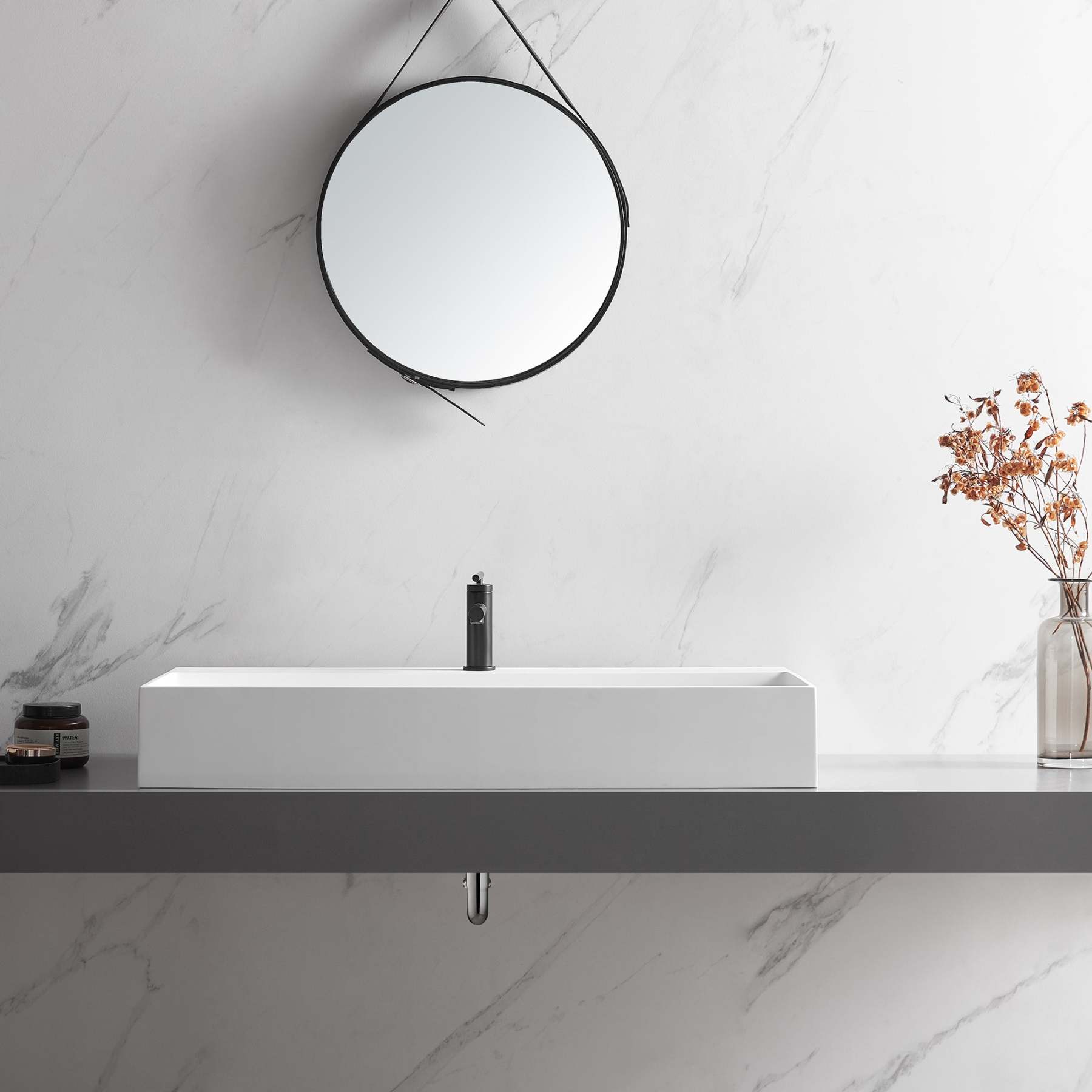 Bathroom sink, Wall-Mount or Countertop Install, 40" Solid Surface in Matte White with Single Faucet Hole， SVWS601-40WH-Serene Valley