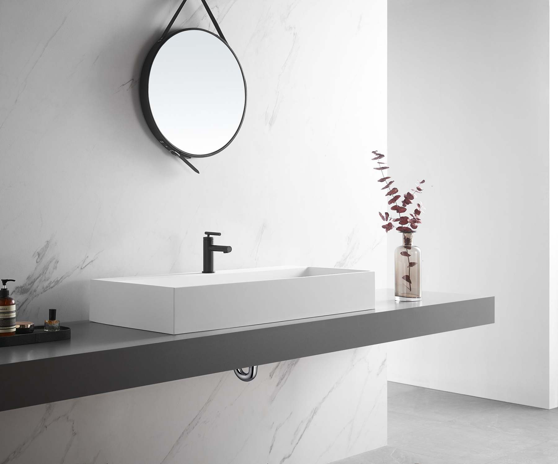 Bathroom sink, Wall-Mount or Countertop Install, 40" Solid Surface in Matte White with Single Faucet Hole， SVWS601-40WH-Serene Valley
