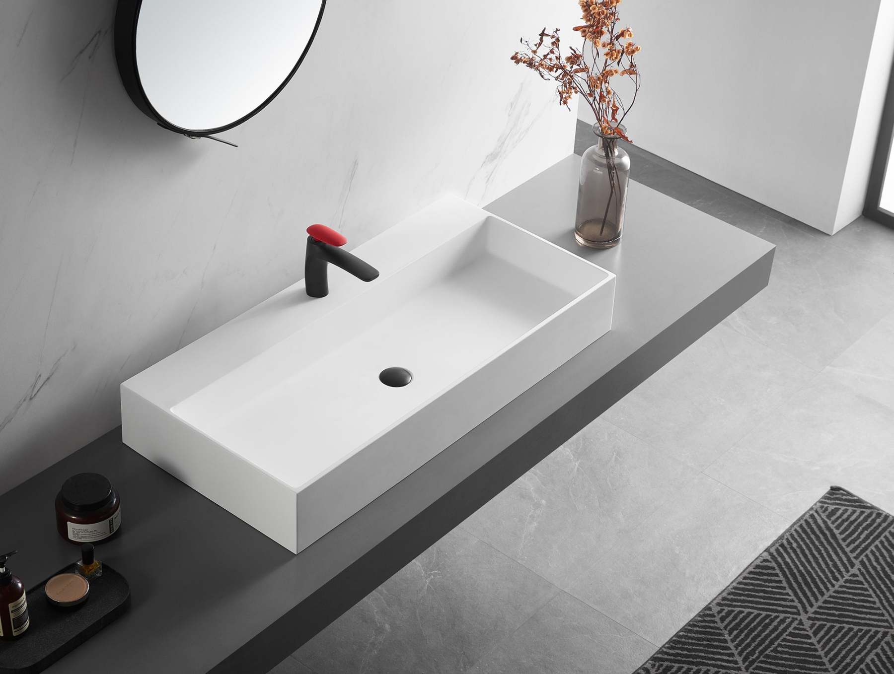 Bathroom sink, Wall-Mount or Countertop Install, 40" Solid Surface in Matte White with Single Faucet Hole， SVWS601-40WH-Serene Valley