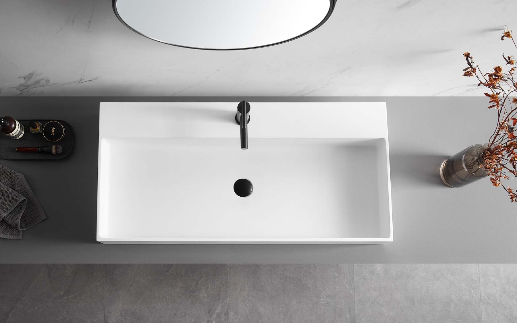 Bathroom sink, Wall-Mount or Countertop Install, 40" Solid Surface in Matte White with Single Faucet Hole， SVWS601-40WH-Serene Valley