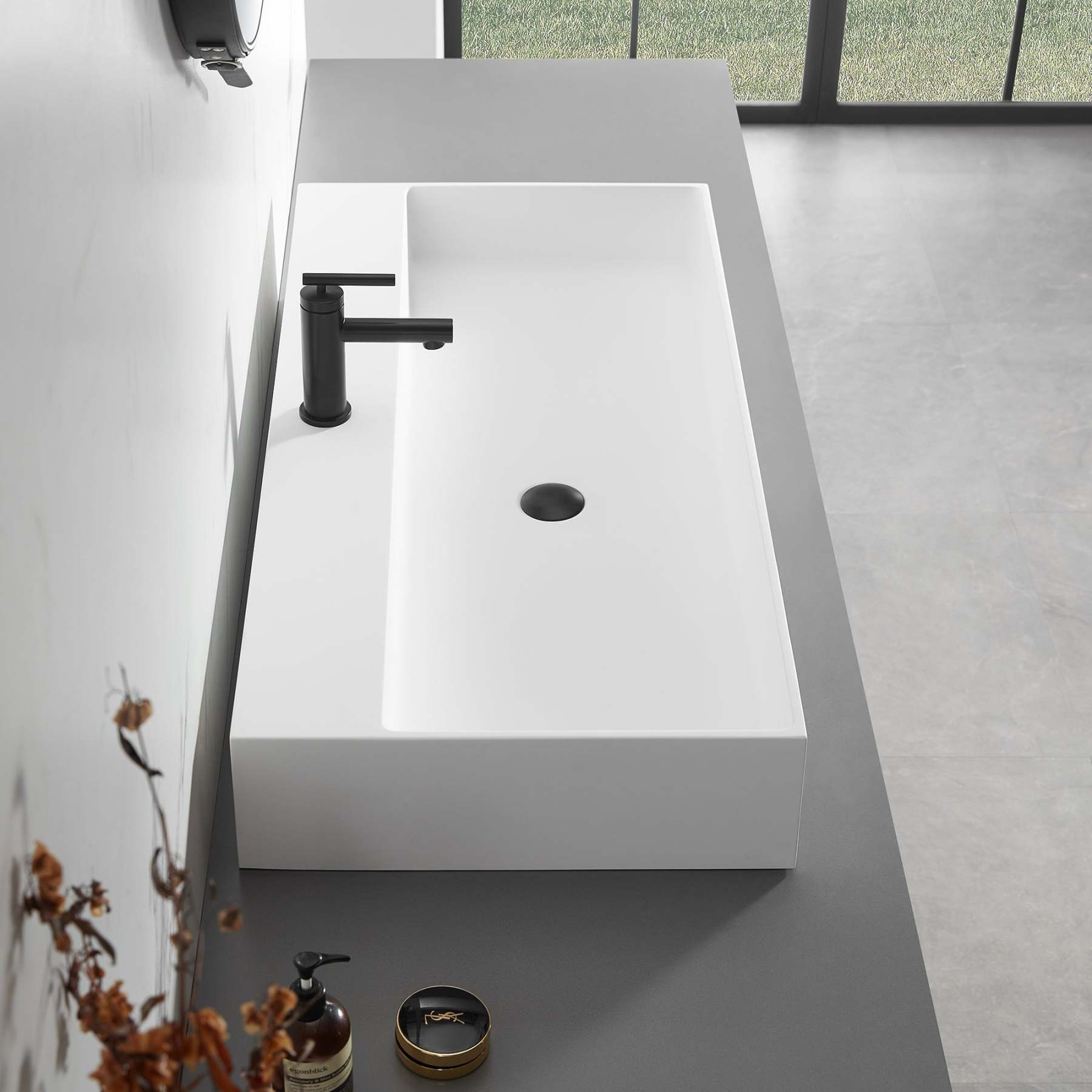 Bathroom sink, Wall-Mount or Countertop Install, 40" Solid Surface in Matte White with Single Faucet Hole， SVWS601-40WH-Serene Valley
