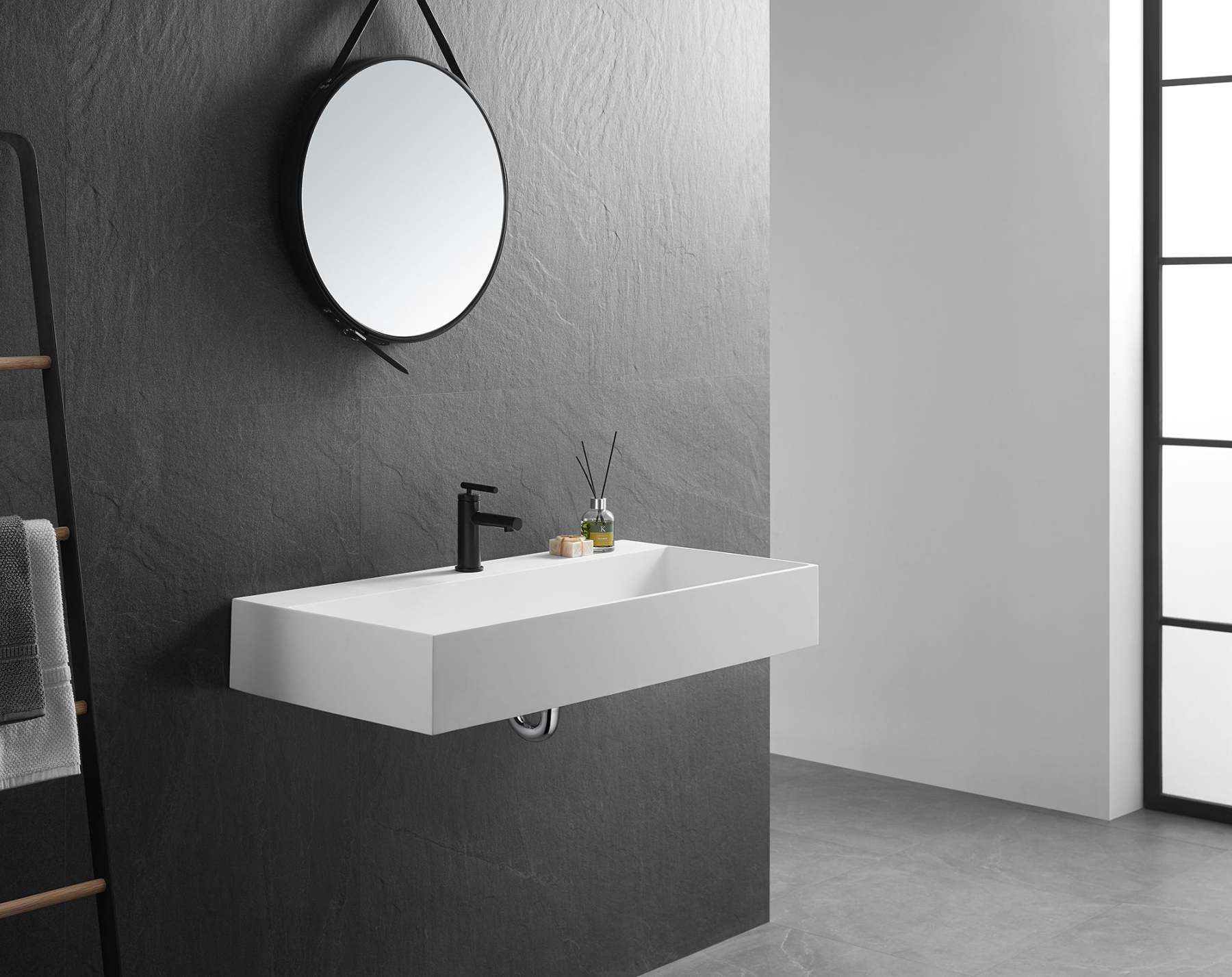 Bathroom sink, Wall-Mount or Countertop Install, 40" Solid Surface in Matte White with Single Faucet Hole， SVWS601-40WH-Serene Valley