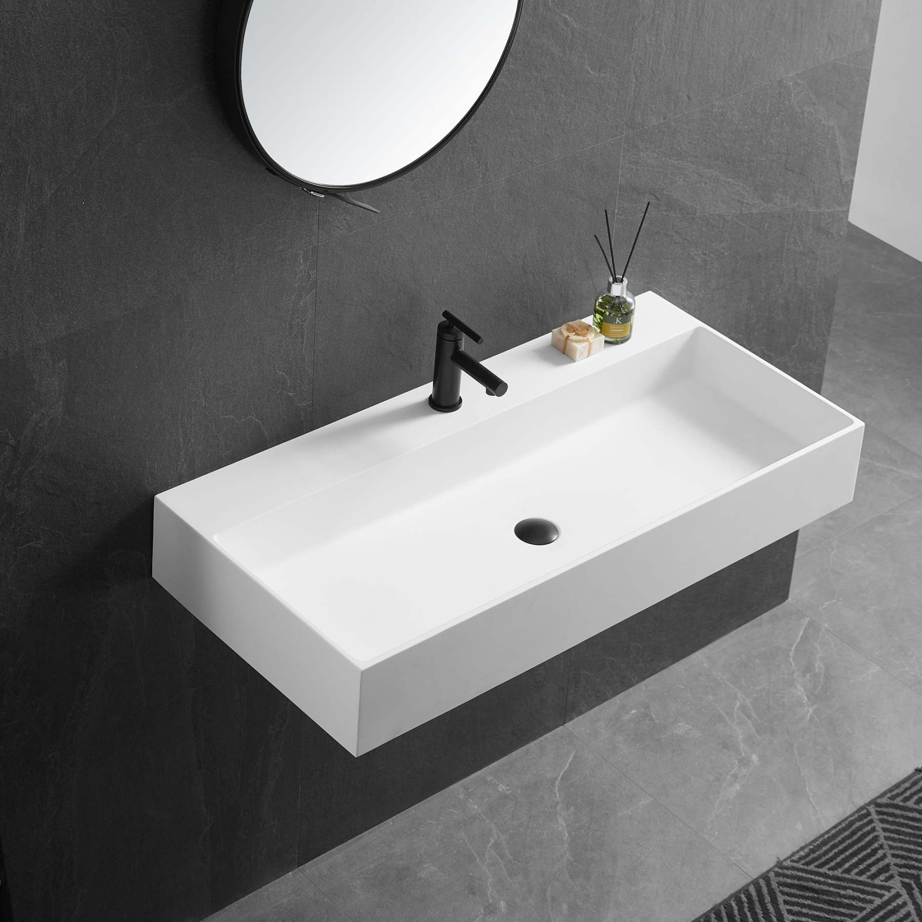 Bathroom sink, Wall-Mount or Countertop Install, 40" Solid Surface in Matte White with Single Faucet Hole， SVWS601-40WH-Serene Valley
