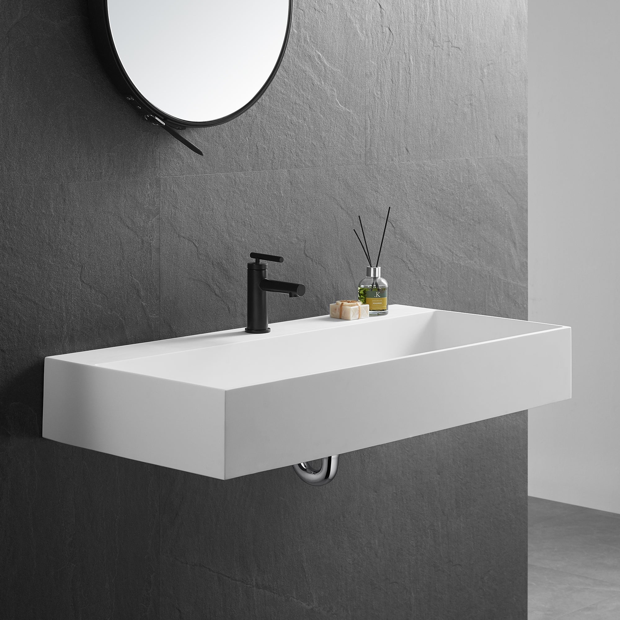 Bathroom sink, Wall-Mount or Countertop Install, 40" Solid Surface in Matte White with Single Faucet Hole， SVWS601-40WH-Serene Valley