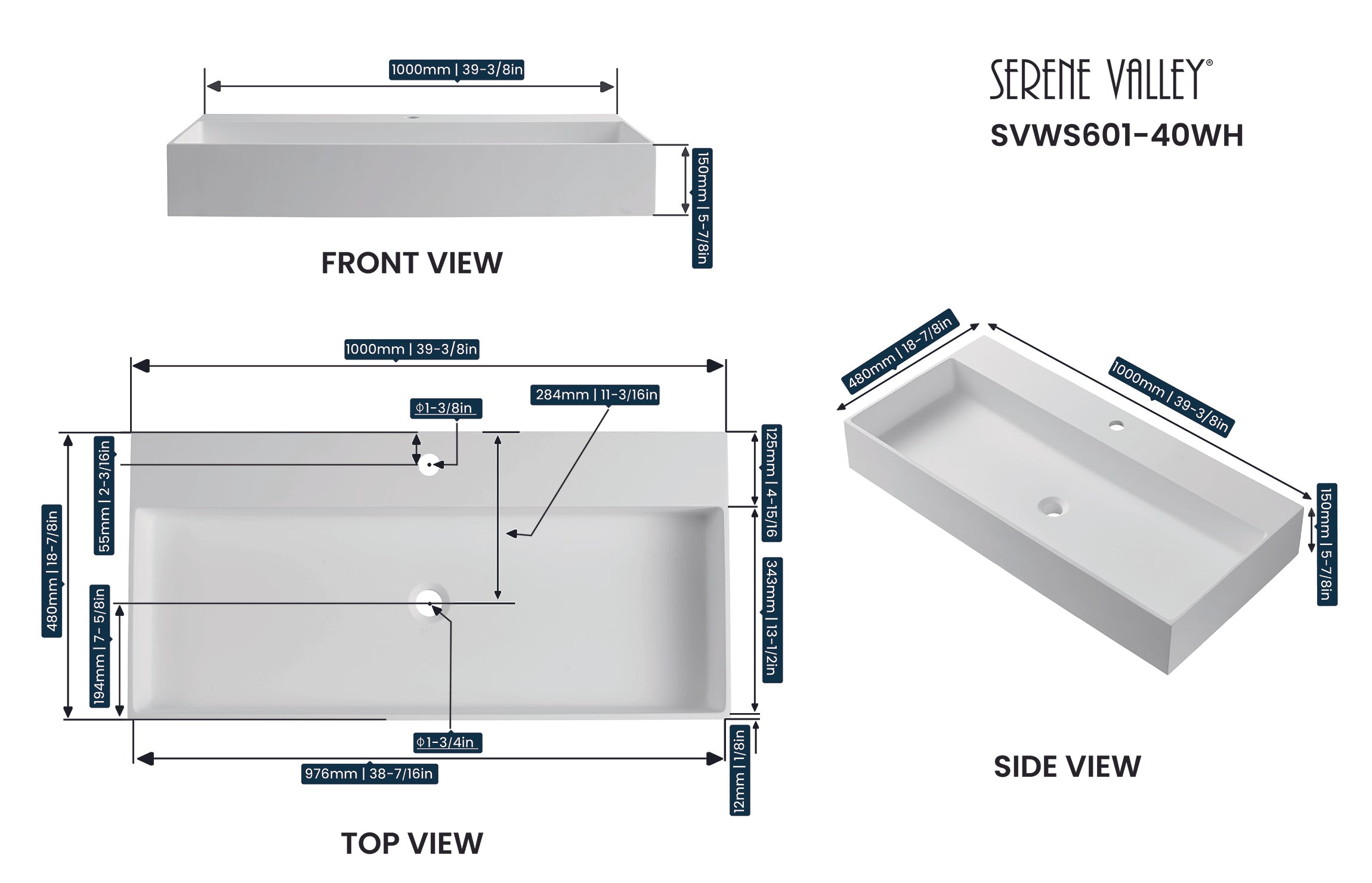 Bathroom sink, Wall-Mount or Countertop Install, 40" Solid Surface in Matte White with Single Faucet Hole， SVWS601-40WH-Serene Valley