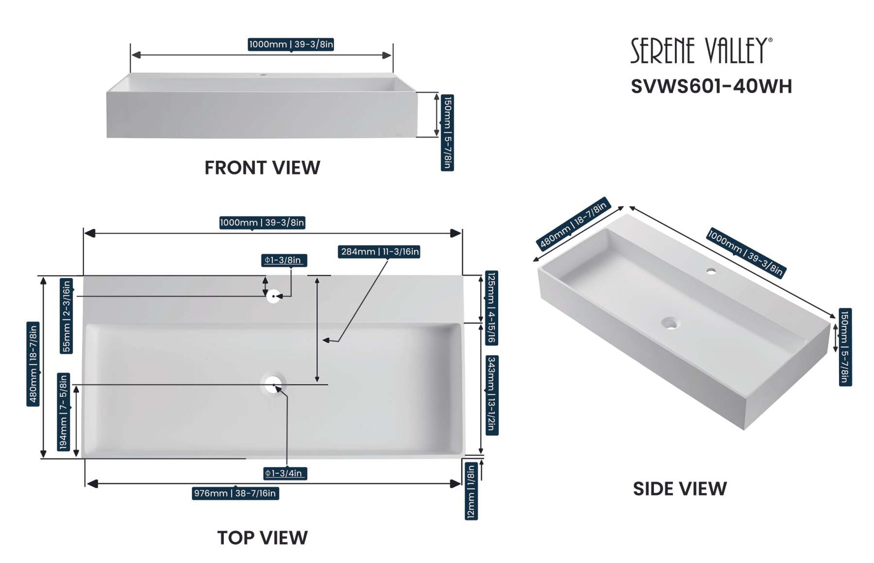 Bathroom sink, Wall-Mount or Countertop Install, 40" Solid Surface in Matte White with Single Faucet Hole， SVWS601-40WH-Serene Valley