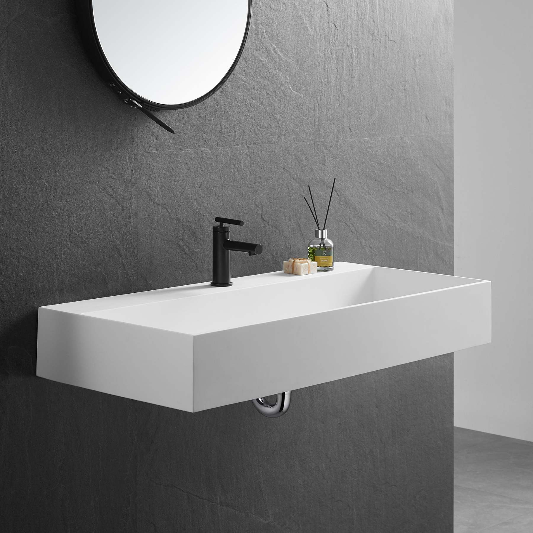 Bathroom sink, Wall-Mount or Countertop Install, 40" Solid Surface in Matte White with Single Faucet Hole， SVWS601-40WH-Serene Valley