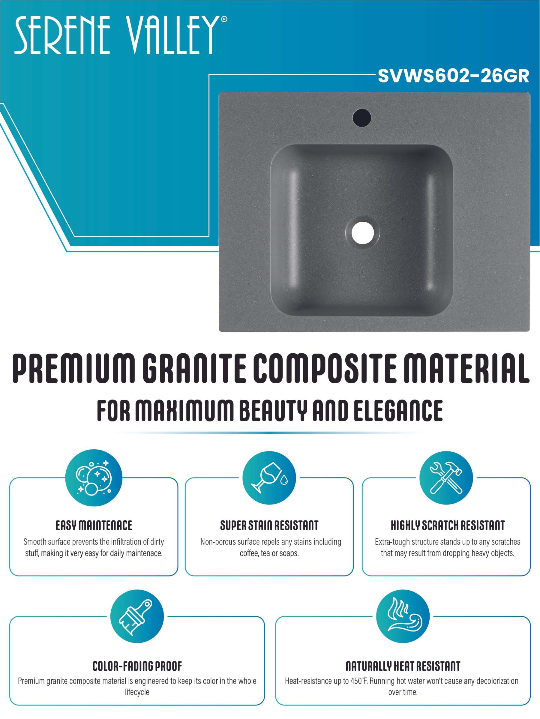 Bathroom Sink, Solid Surface Material, Wall-Mount or Countertop Install, 26" with Single Faucet Hole in Matte Gray， SVWS602-26GR-Serene Valley