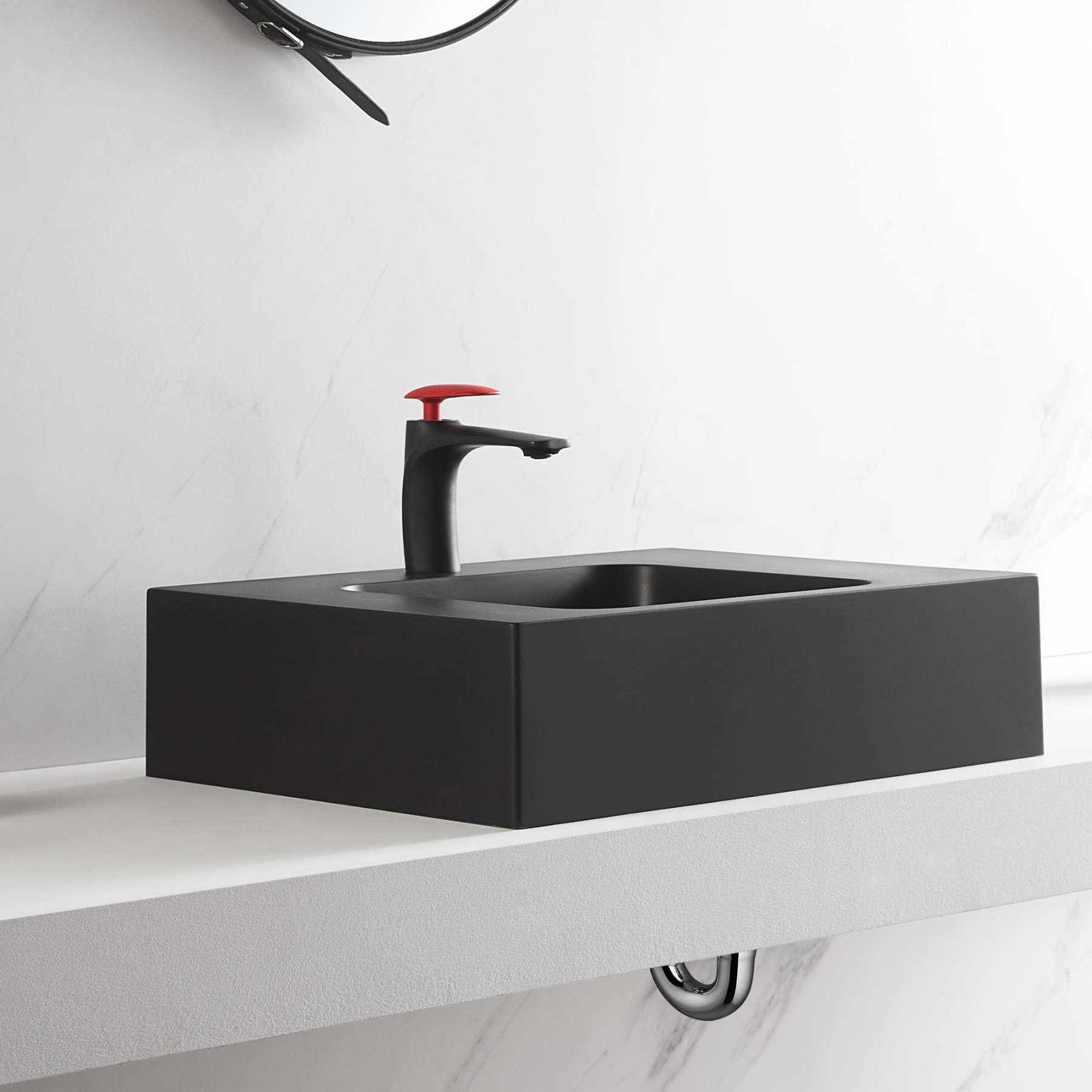Bathroom Sink, Solid Surface Material, Wall-Mount or Countertop Install, 26" with Single Faucet Hole in Matte Black， SVWS602-26BK-Serene Valley