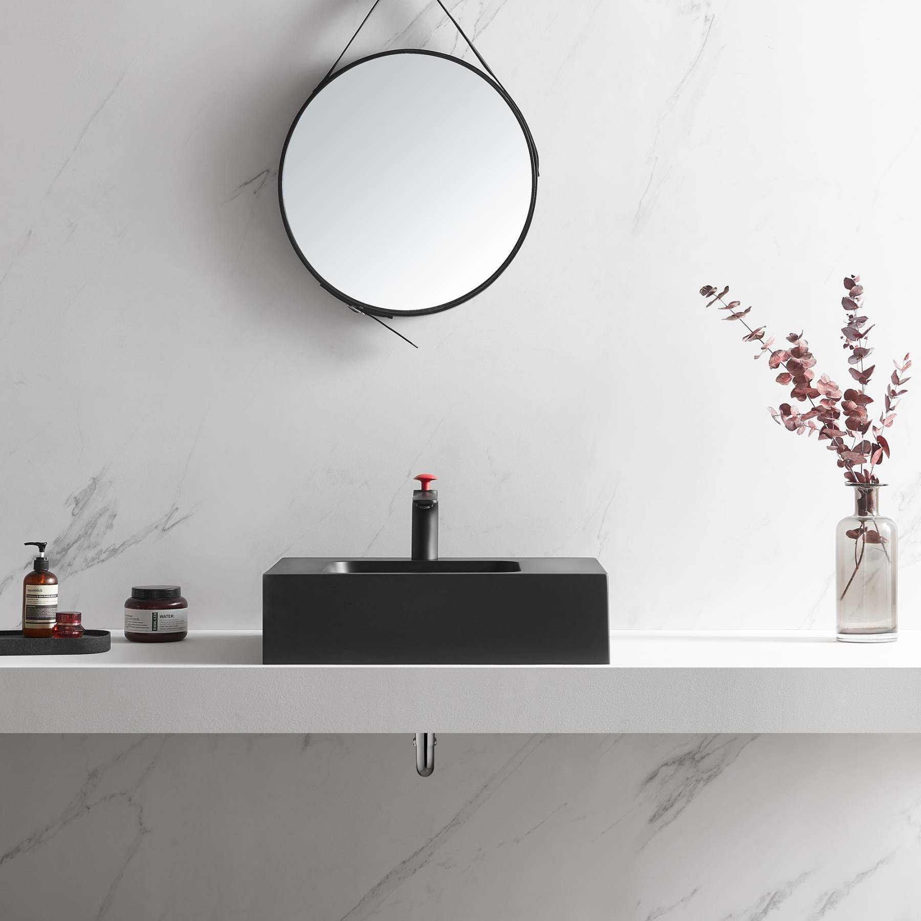 Bathroom Sink, Solid Surface Material, Wall-Mount or Countertop Install, 26" with Single Faucet Hole in Matte Black， SVWS602-26BK-Serene Valley