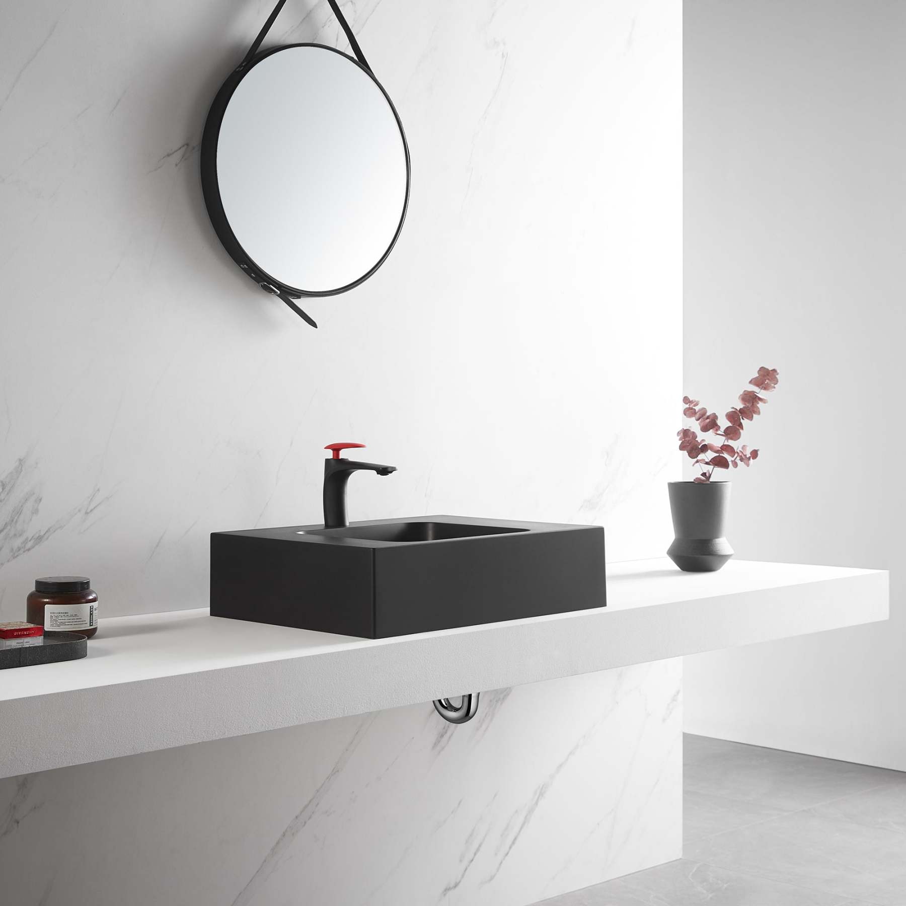 Bathroom Sink, Solid Surface Material, Wall-Mount or Countertop Install, 26" with Single Faucet Hole in Matte Black， SVWS602-26BK-Serene Valley