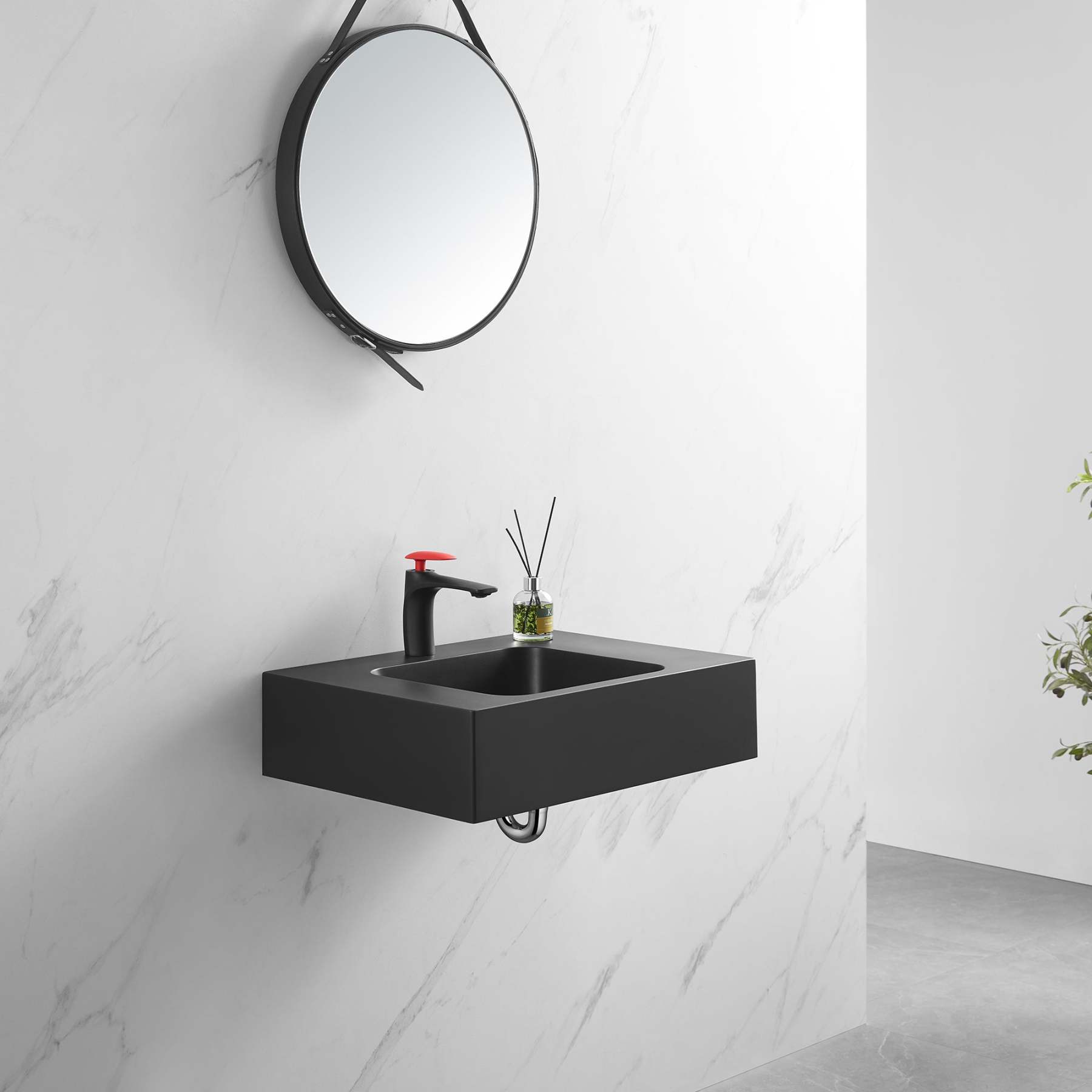 Bathroom Sink, Solid Surface Material, Wall-Mount or Countertop Install, 26" with Single Faucet Hole in Matte Black， SVWS602-26BK-Serene Valley