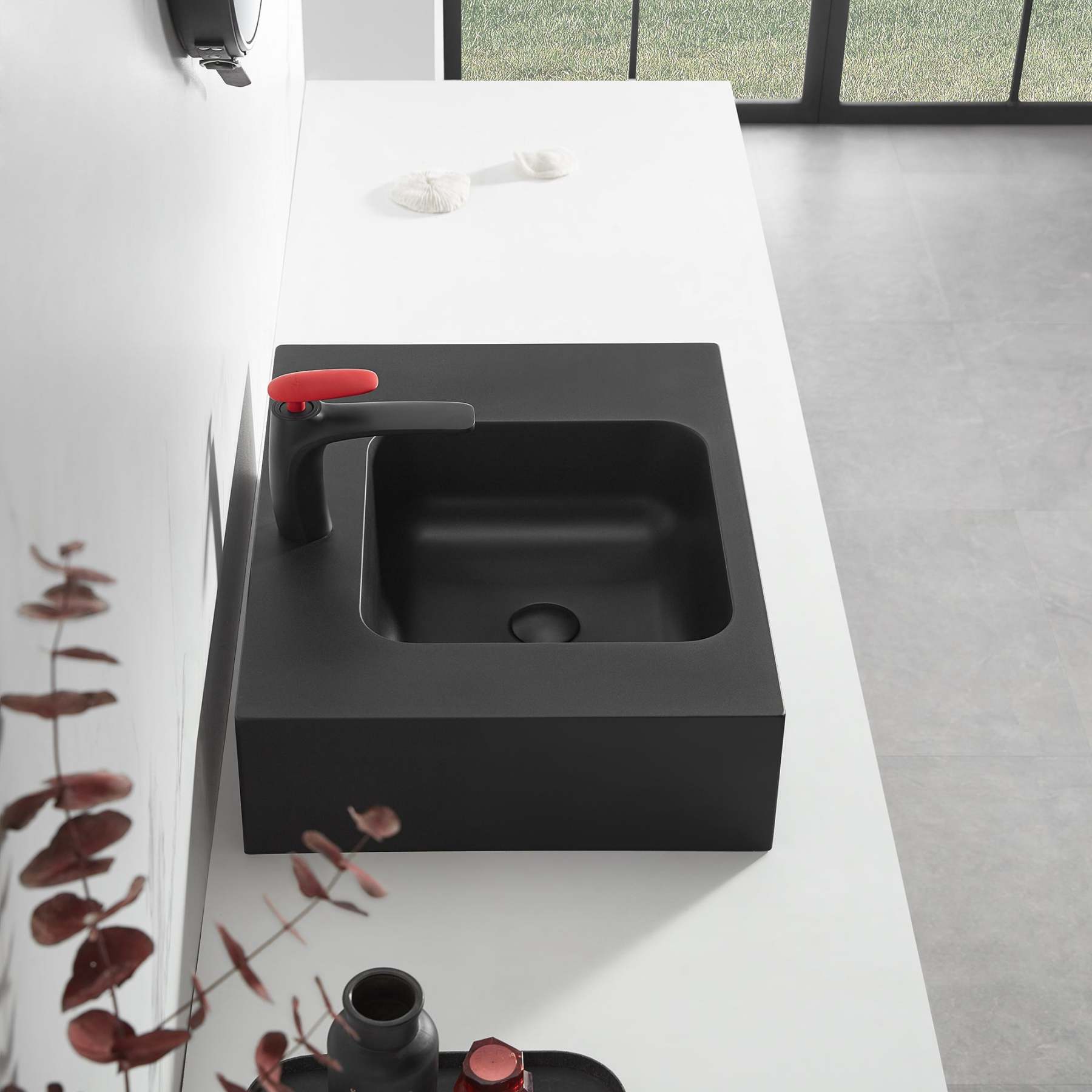 Bathroom Sink, Solid Surface Material, Wall-Mount or Countertop Install, 26" with Single Faucet Hole in Matte Black， SVWS602-26BK-Serene Valley