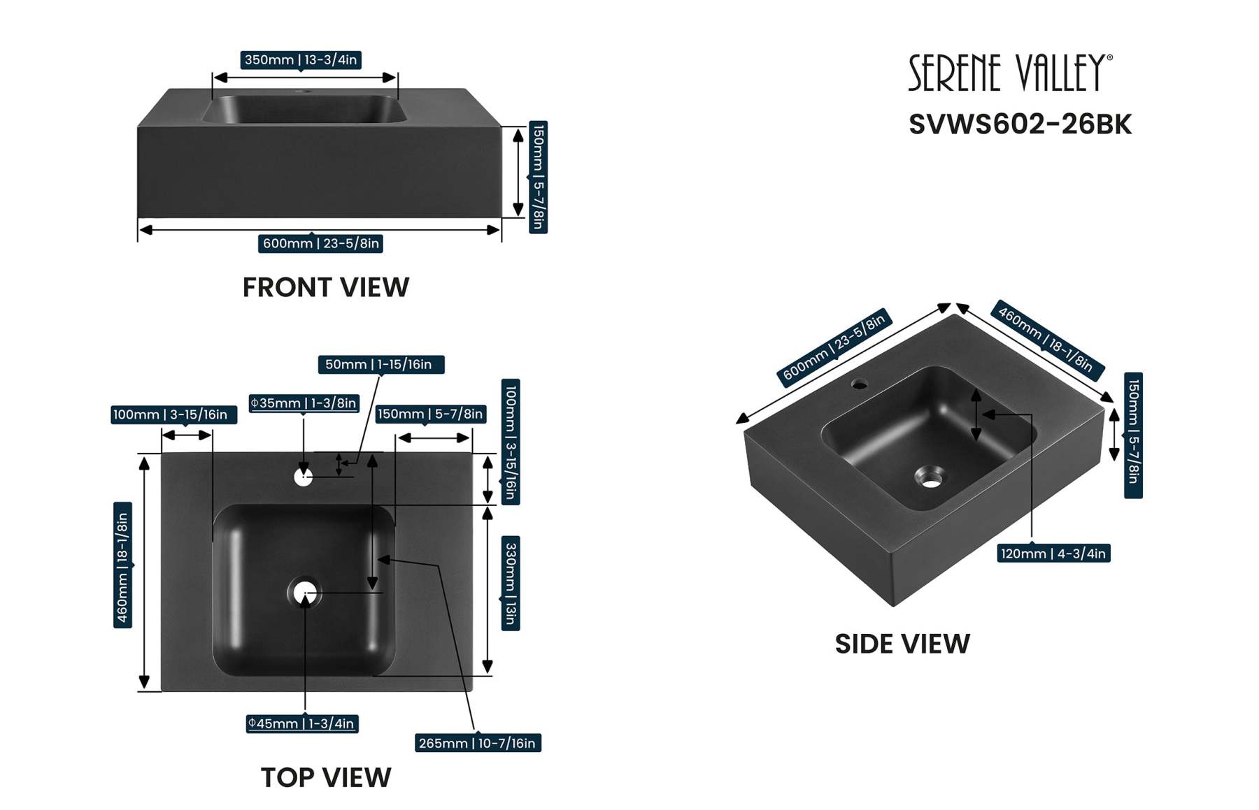 Bathroom Sink, Solid Surface Material, Wall-Mount or Countertop Install, 26" with Single Faucet Hole in Matte Black， SVWS602-26BK-Serene Valley