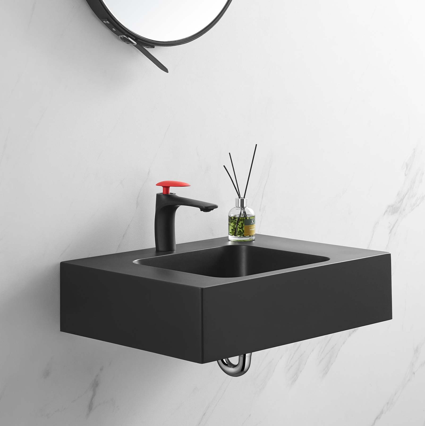 Bathroom Sink, Solid Surface Material, Wall-Mount or Countertop Install, 26" with Single Faucet Hole in Matte Black， SVWS602-26BK-Serene Valley