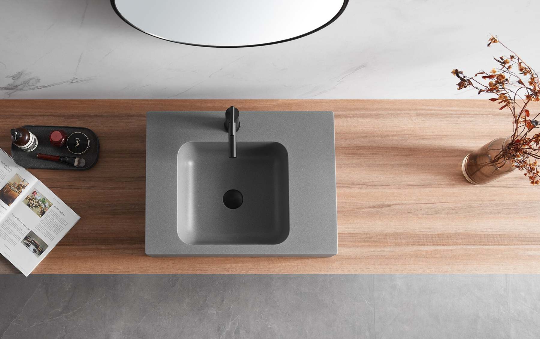 Bathroom Sink, Solid Surface Material, Wall-Mount or Countertop Install, 26" with Single Faucet Hole in Matte Gray， SVWS602-26GR-Serene Valley