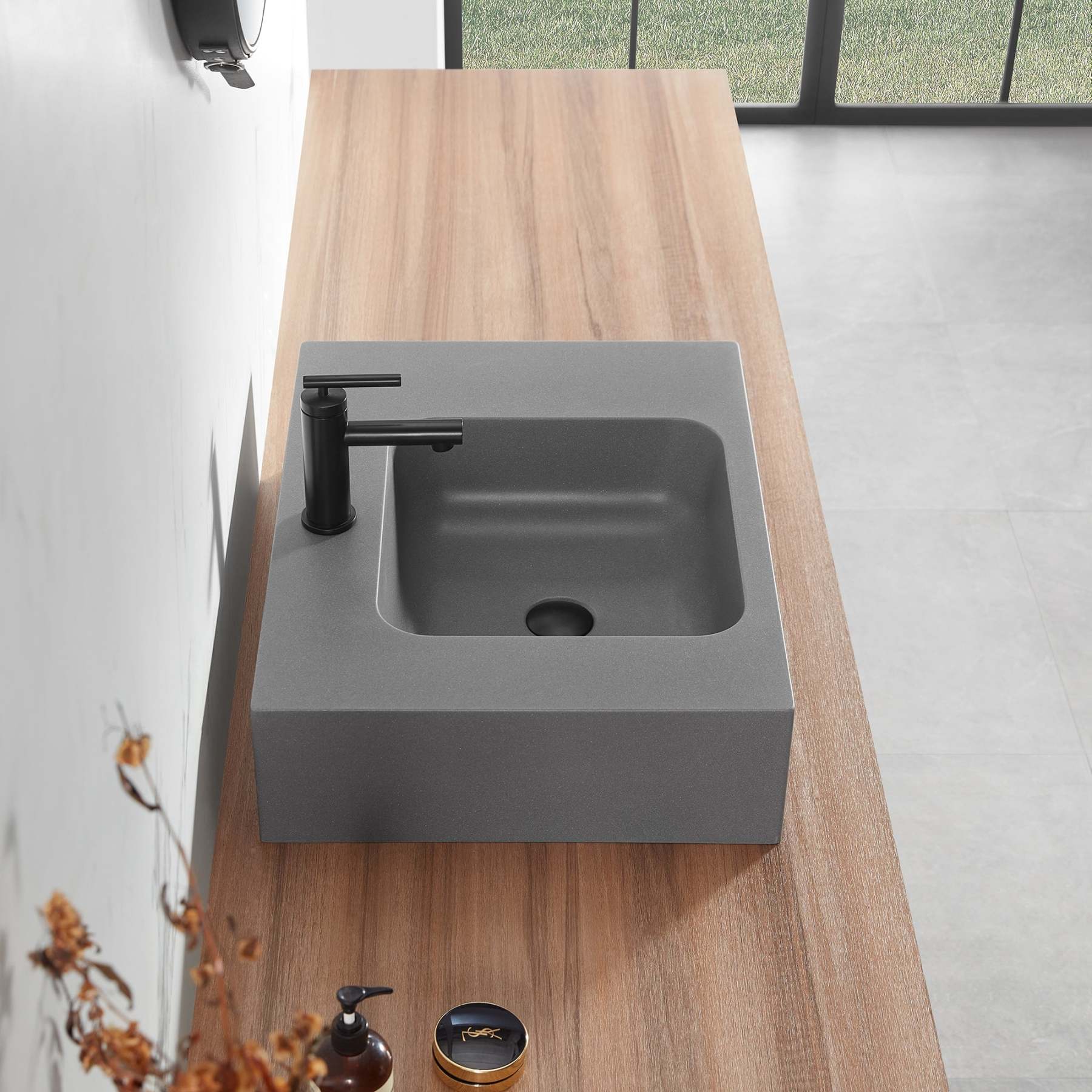 Bathroom Sink, Solid Surface Material, Wall-Mount or Countertop Install, 26" with Single Faucet Hole in Matte Gray， SVWS602-26GR-Serene Valley