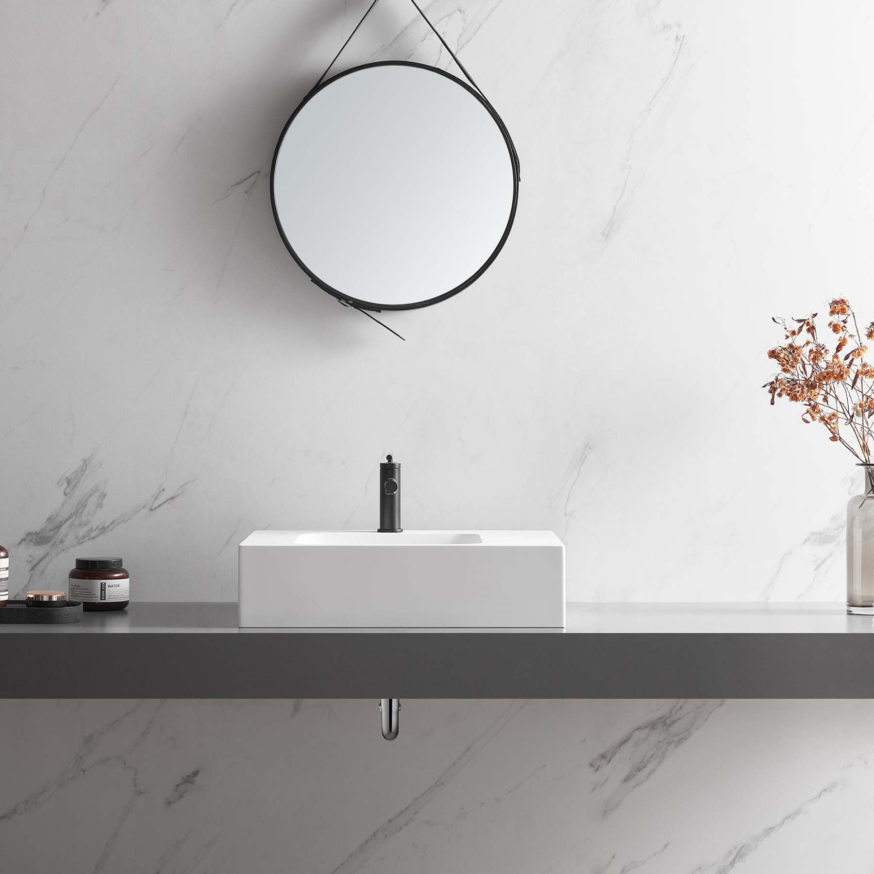 Bathroom Sink, Solid Surface Material, Wall-Mount or Countertop Install, 26" with Single Faucet Hole in Matte White， SVWS602-26WH-Serene Valley