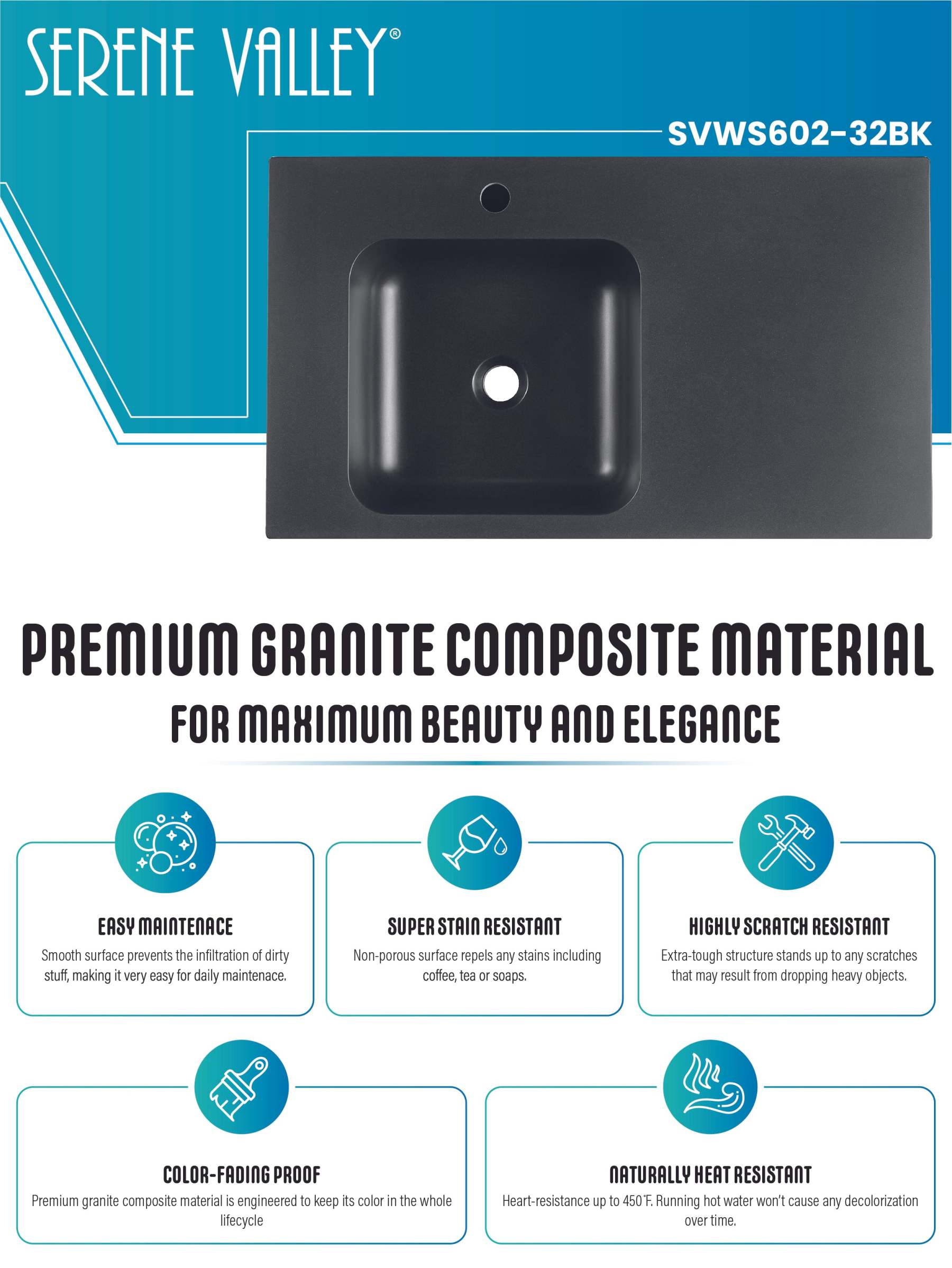 Bathroom Sink, Solid Surface Material, Wall-Mount or Countertop Install, 32" with Single Faucet Hole in Matte Black， SVWS602-32BK-Serene Valley