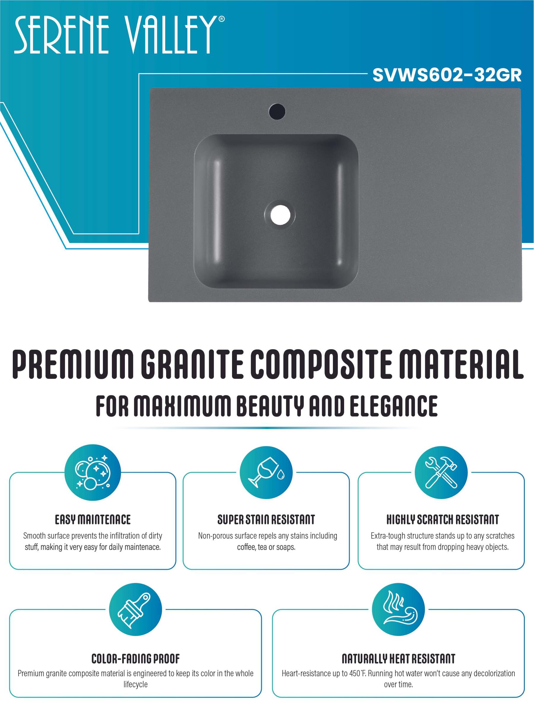 Bathroom Sink, Solid Surface Material, Wall-Mount or Countertop Install, 32" with Single Faucet Hole in Matte Gray， SVWS602-32GR-Serene Valley