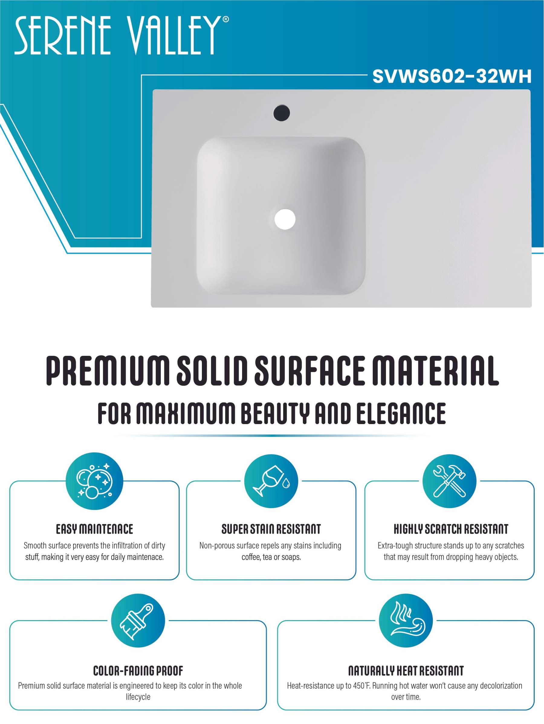 Bathroom Sink, Solid Surface Material, Wall-Mount or Countertop Install, 32" with Single Faucet Hole in Matte White， SVWS602-32WH-Serene Valley
