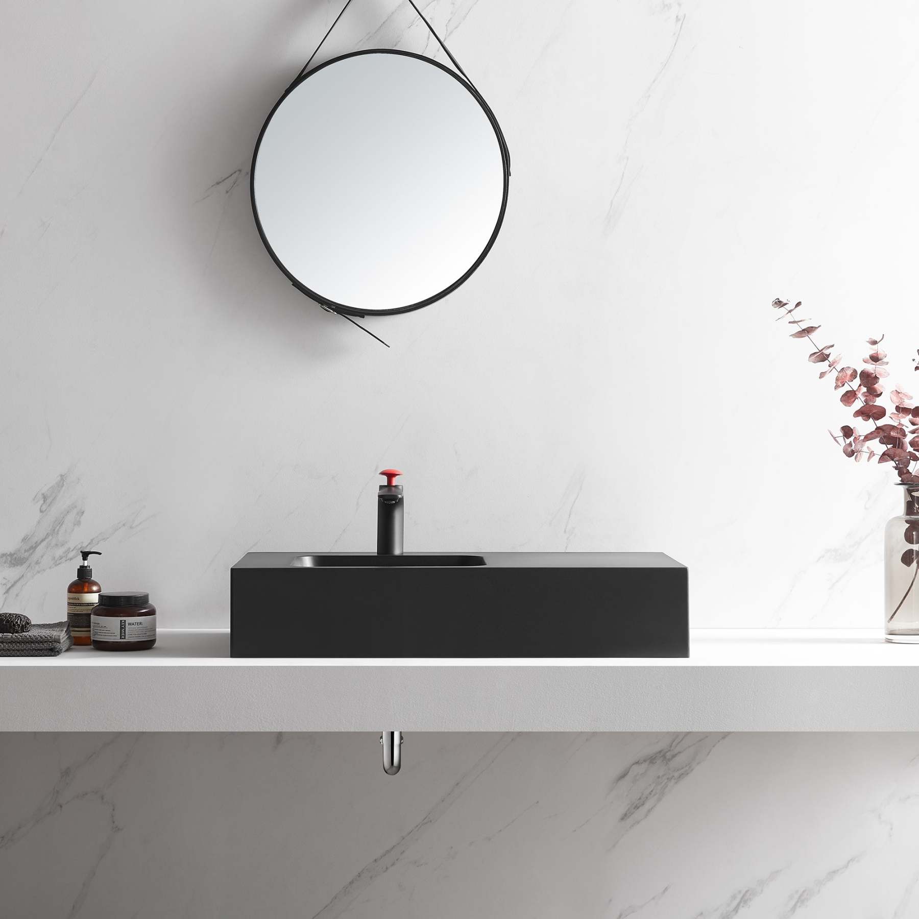 Bathroom Sink, Solid Surface Material, Wall-Mount or Countertop Install, 32" with Single Faucet Hole in Matte Black， SVWS602-32BK-Serene Valley