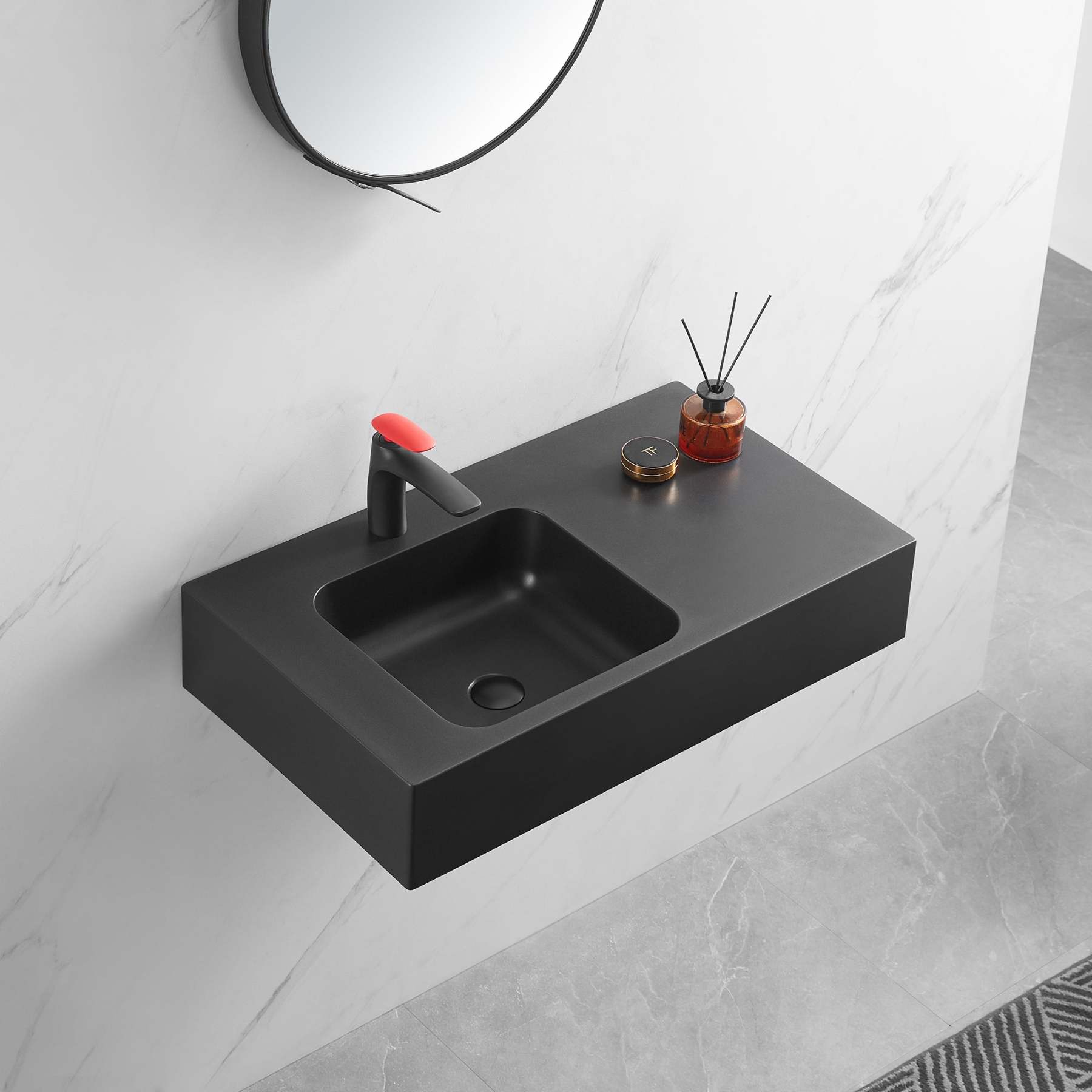 Bathroom Sink, Solid Surface Material, Wall-Mount or Countertop Install, 32" with Single Faucet Hole in Matte Black， SVWS602-32BK-Serene Valley