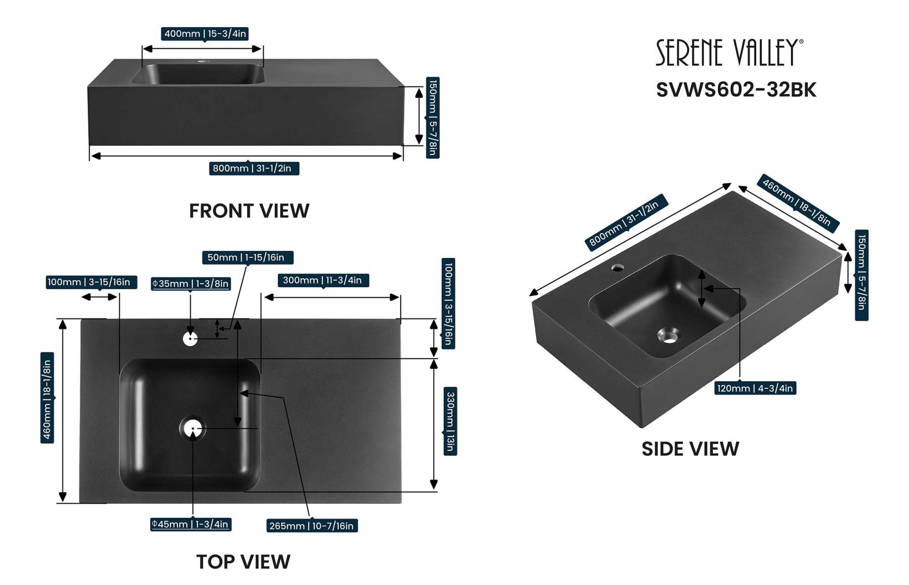 Bathroom Sink, Solid Surface Material, Wall-Mount or Countertop Install, 32" with Single Faucet Hole in Matte Black， SVWS602-32BK-Serene Valley