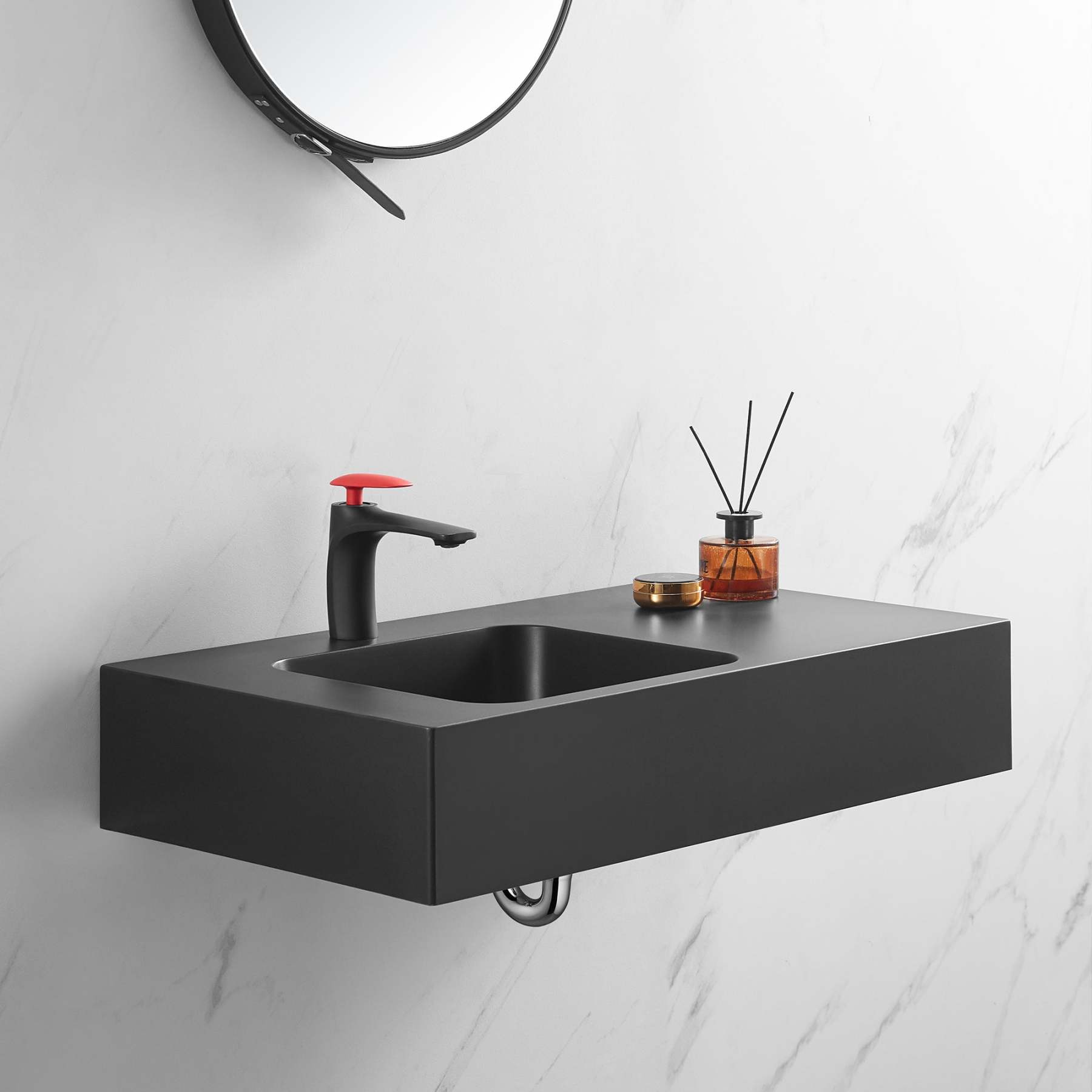 Bathroom Sink, Solid Surface Material, Wall-Mount or Countertop Install, 32" with Single Faucet Hole in Matte Black， SVWS602-32BK-Serene Valley