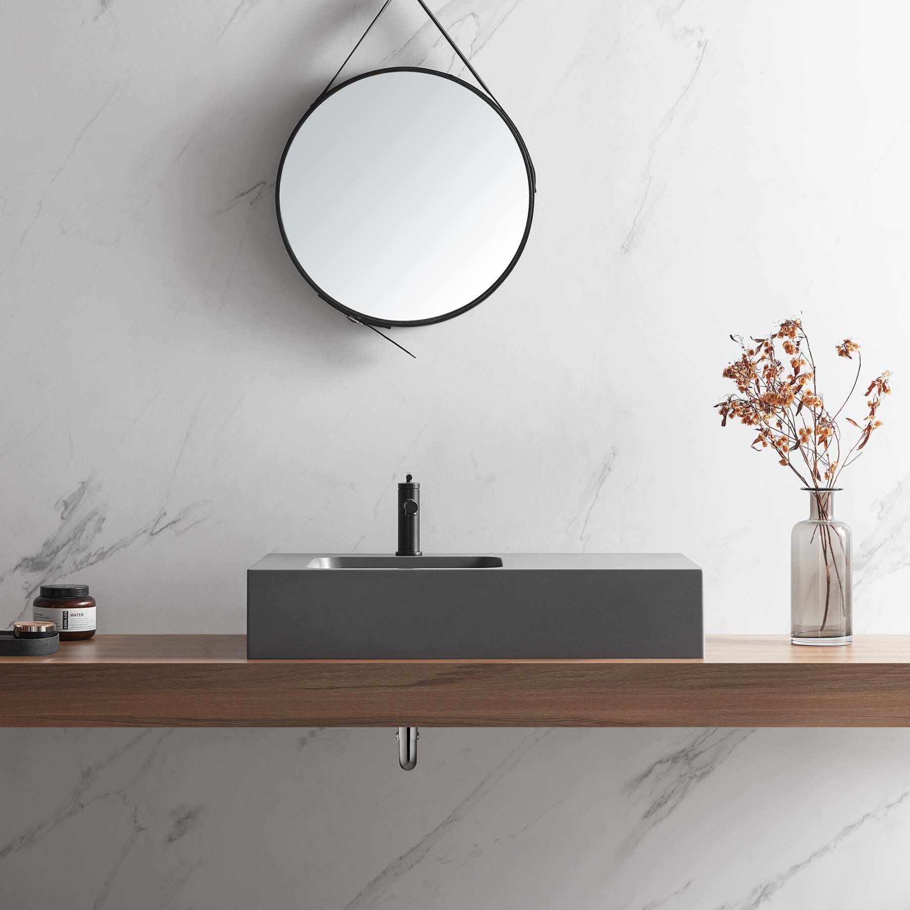 Bathroom Sink, Solid Surface Material, Wall-Mount or Countertop Install, 32" with Single Faucet Hole in Matte Gray， SVWS602-32GR-Serene Valley