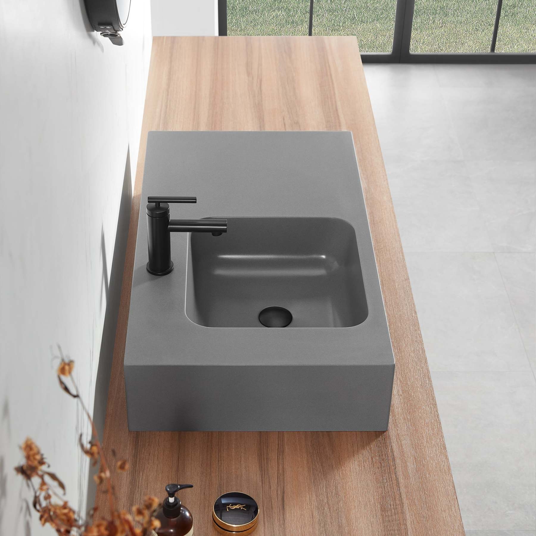 Bathroom Sink, Solid Surface Material, Wall-Mount or Countertop Install, 32" with Single Faucet Hole in Matte Gray， SVWS602-32GR-Serene Valley