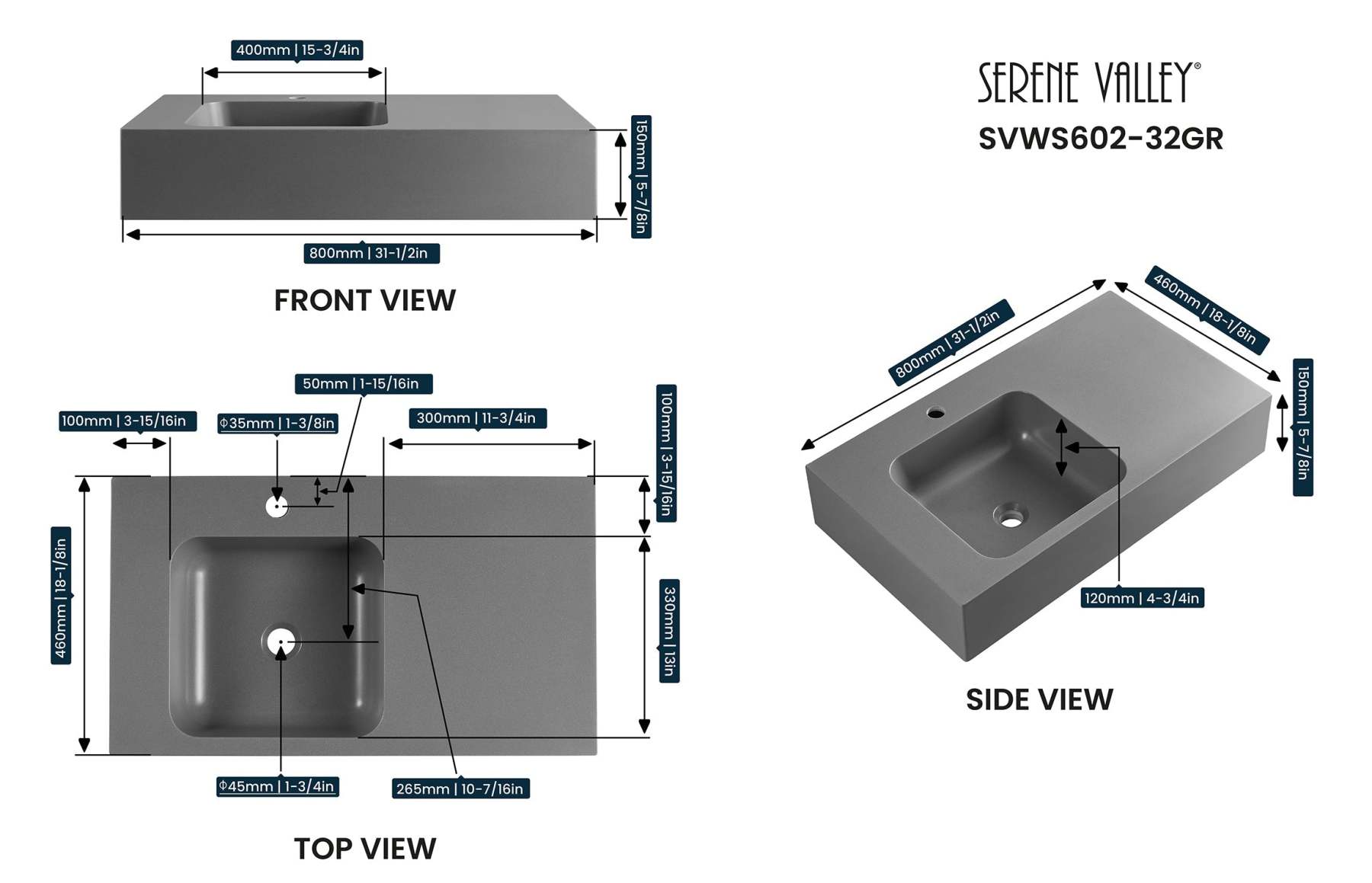 Bathroom Sink, Solid Surface Material, Wall-Mount or Countertop Install, 32" with Single Faucet Hole in Matte Gray， SVWS602-32GR-Serene Valley