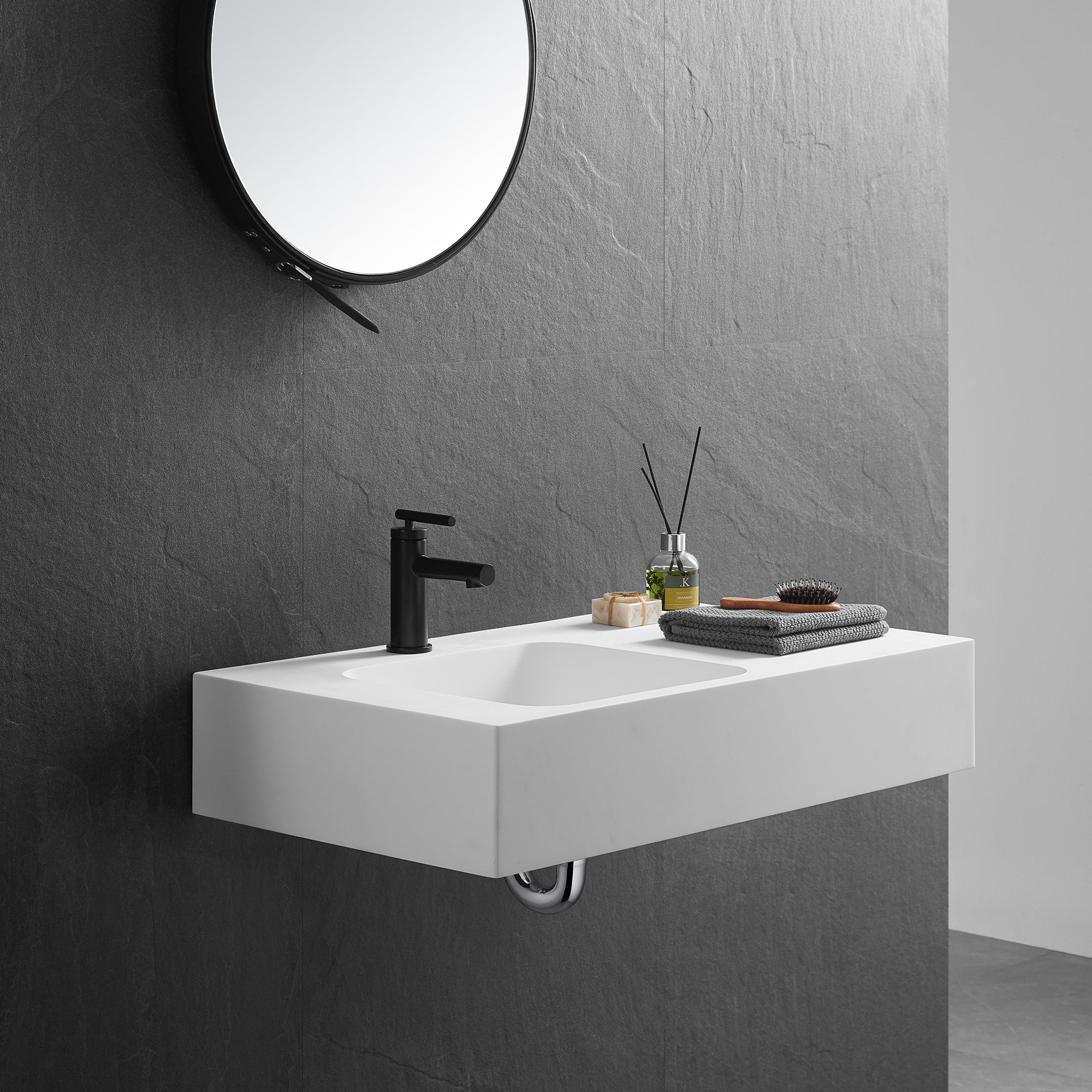 Bathroom Sink, Solid Surface Material, Wall-Mount or Countertop Install, 32" with Single Faucet Hole in Matte White， SVWS602-32WH-Serene Valley