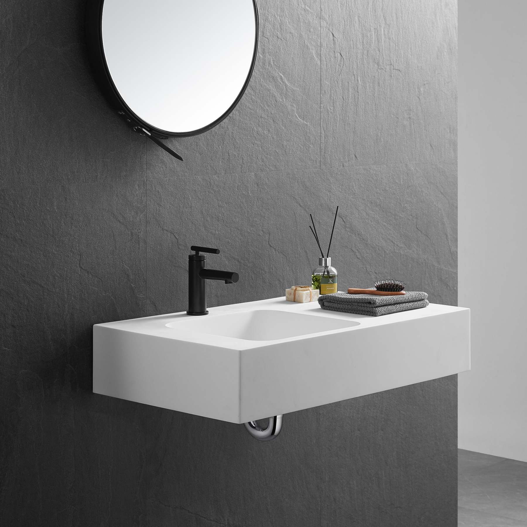 Bathroom Sink, Solid Surface Material, Wall-Mount or Countertop Install, 32" with Single Faucet Hole in Matte White， SVWS602-32WH-Serene Valley