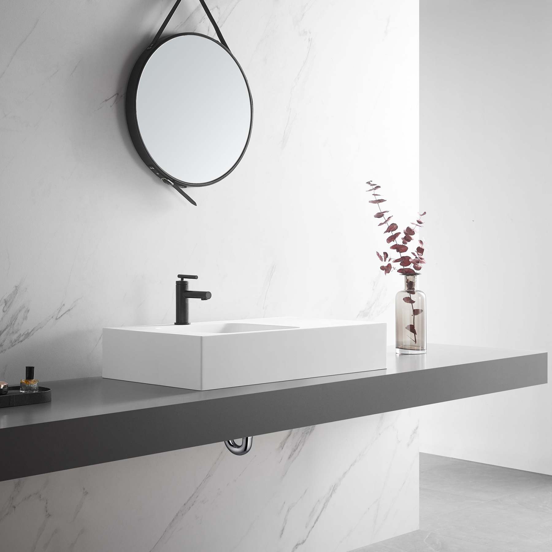 Bathroom Sink, Solid Surface Material, Wall-Mount or Countertop Install, 32" with Single Faucet Hole in Matte White， SVWS602-32WH-Serene Valley