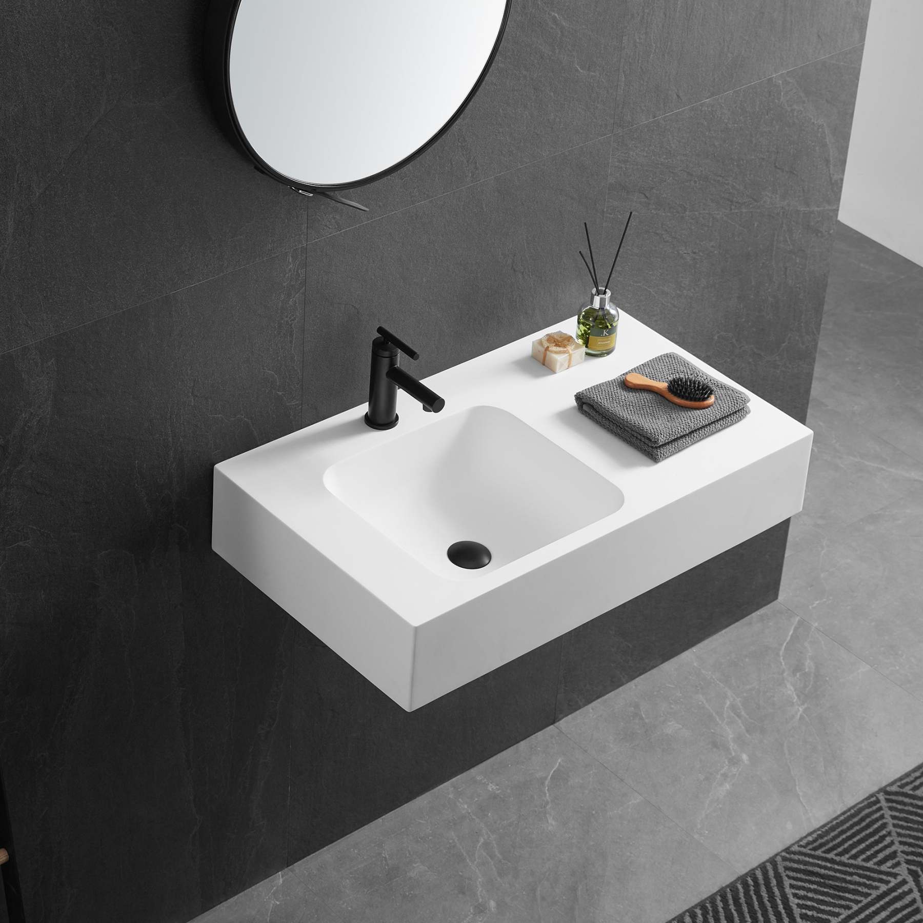 Bathroom Sink, Solid Surface Material, Wall-Mount or Countertop Install, 32" with Single Faucet Hole in Matte White， SVWS602-32WH-Serene Valley